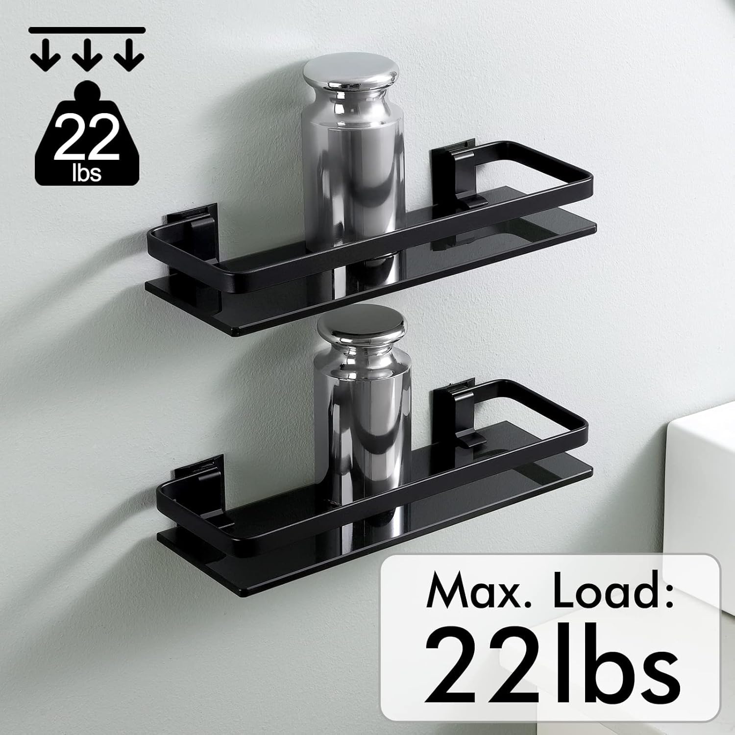 KES Estante de vidrio negro para baño, estante de pared de vidrio templado extra grueso, rectangular, paquete de 2, estante flotante de vidrio de