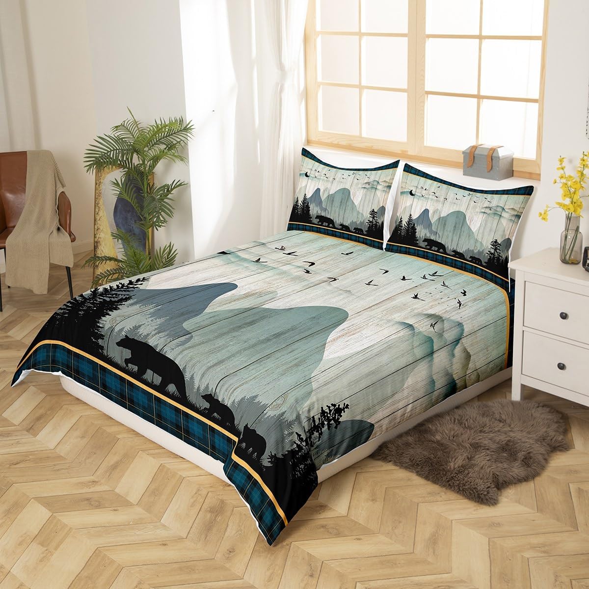 Juego de ropa de cama de oso rústico tamaño individual para mujeres adultas, funda de edredón con estampado de oso salvaje y animales salvajes,