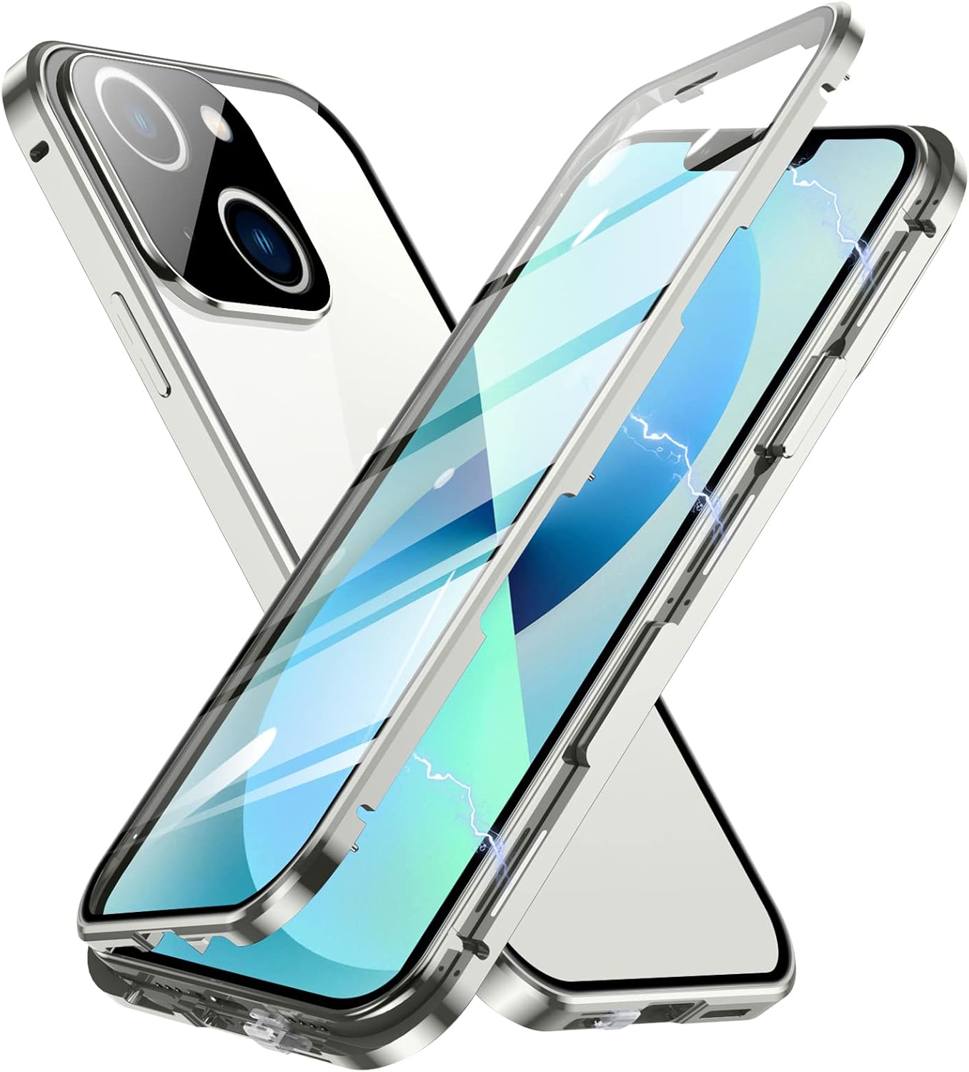 Jonwelsy Funda para iPhone 13, funda de atracción magnética de 360 grados frontal y trasera, cubierta abatible de vidrio templado transparente con