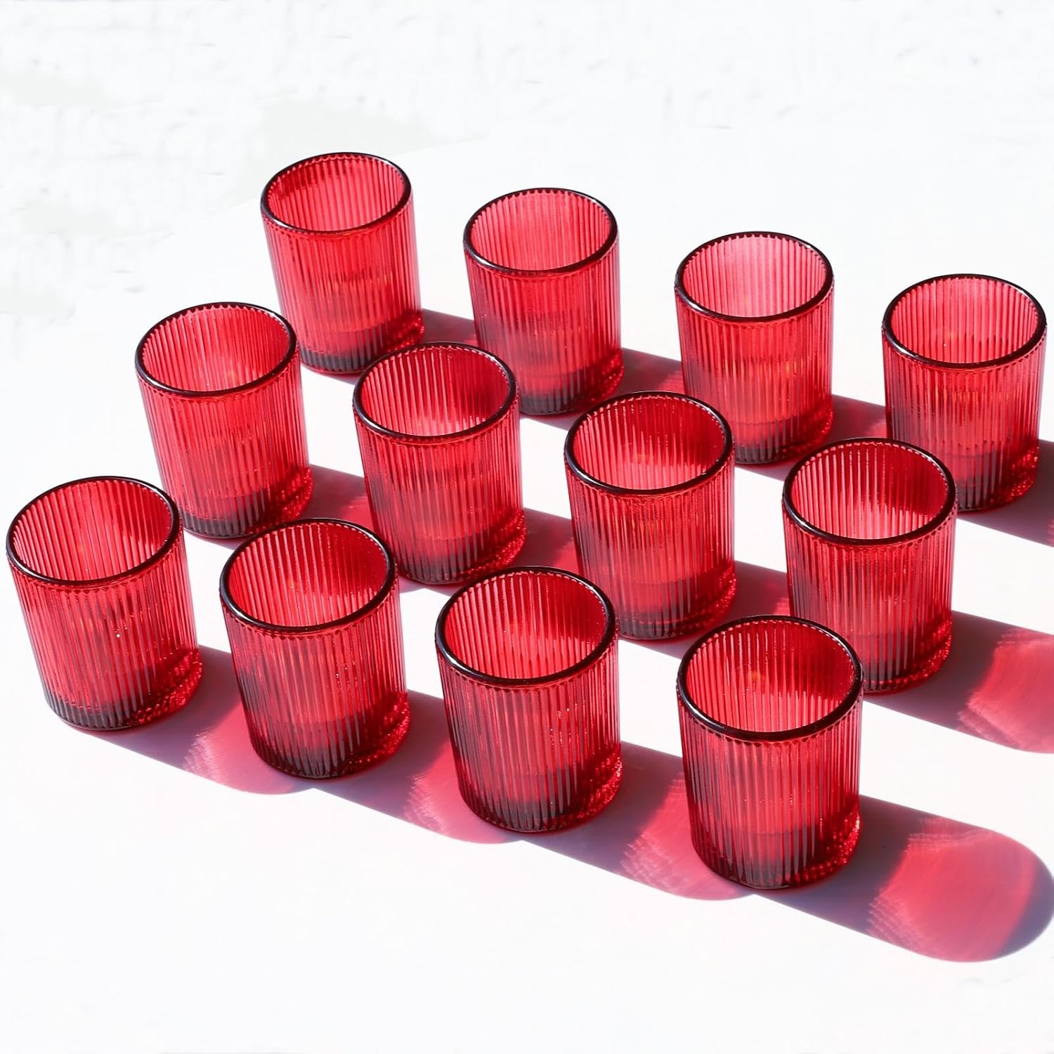 24 portavelas votivas rojas para centro de mesa, portavelas acanalado para decoración de Navidad y día de San Valentín, soporte votivo de vidrio
