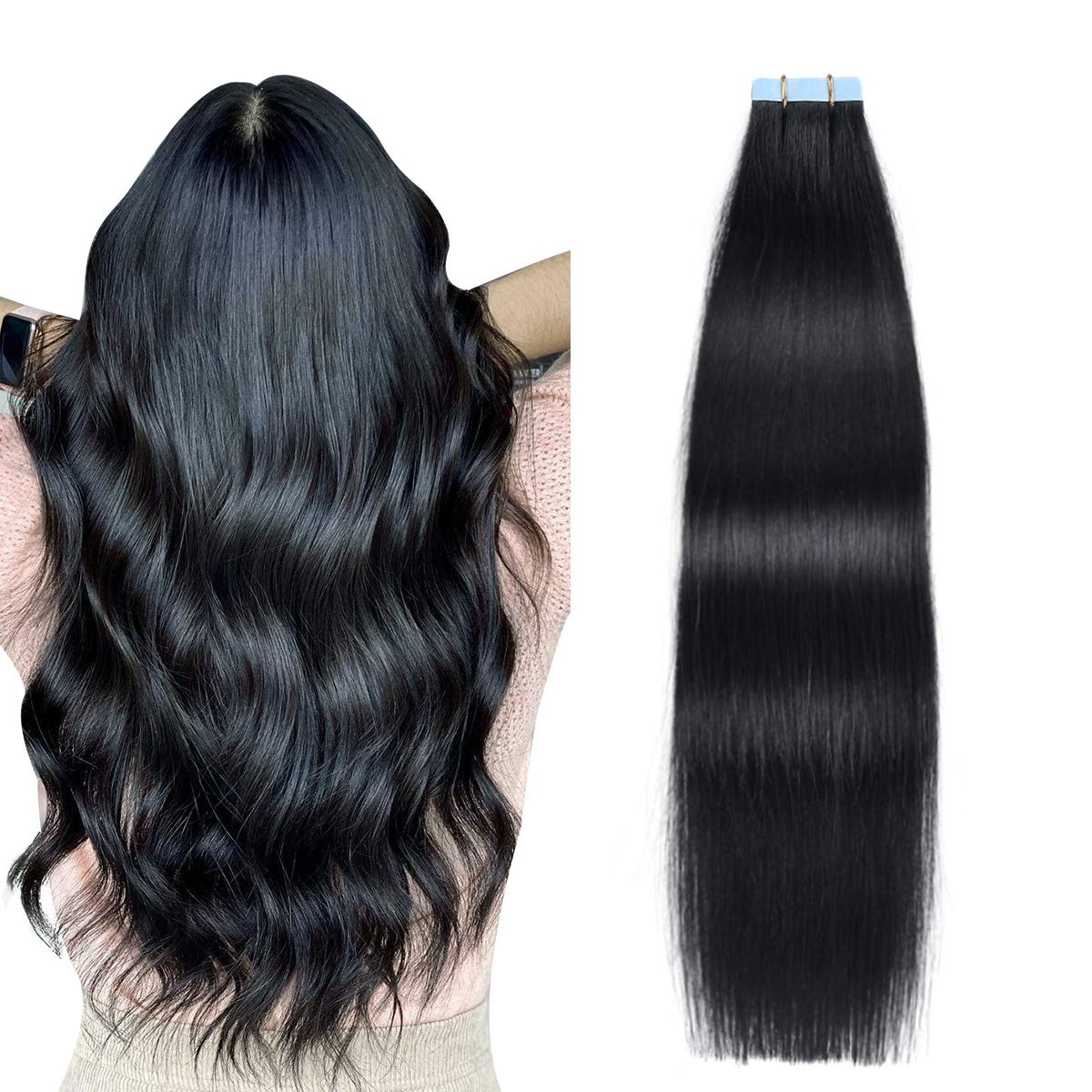 SUYYA – Extensiones de cabello humano adhesivas extensiones de cabello adhesivas, invisibles, lacias y sin costuras 20 unidades de 1.76 onzas, 18