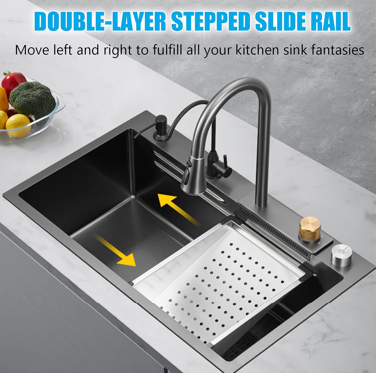 Fregadero de cocina con cascada de lluvia voladora, fregadero de cocina de acero inoxidable, fregadero de cocina con fregadero de cocina individual,