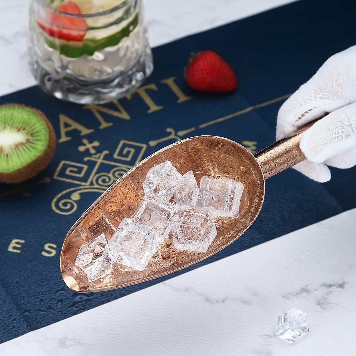Berglander Cuchara de hielo de acero inoxidable oro rosa de 6 onzas, cuchara de hielo de metal chapado en cobre de titanio para máquina de hielo,