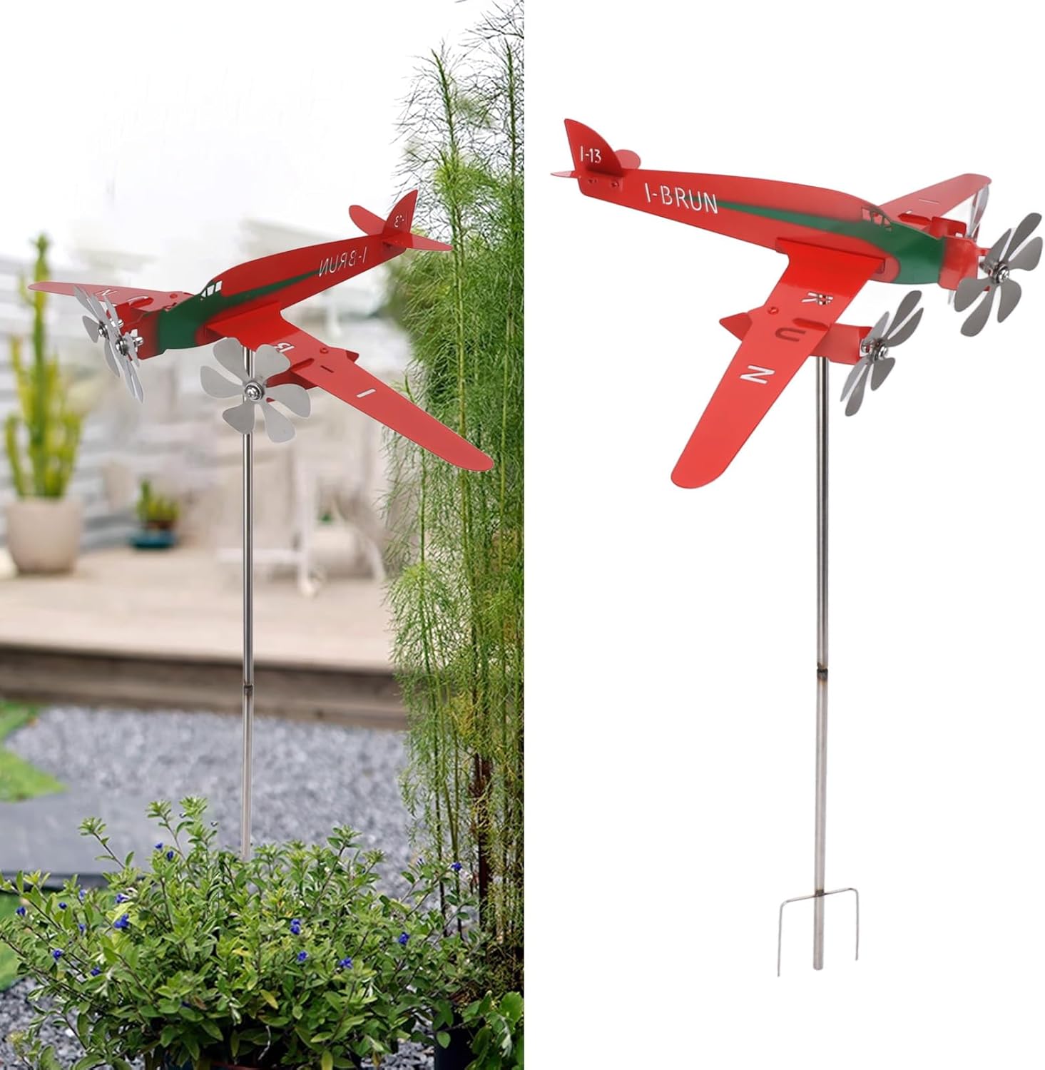 Molino de viento para aviones, metal con forma de avión para el clima, hilandero de viento 3D, rojo, a prueba de óxido, liso, molino de viento de