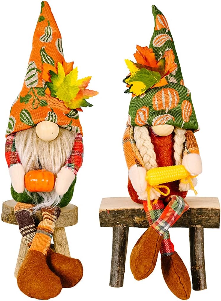 Juego de 2 gnomos de felpa para decoración de Acción de Gracias con calabaza de maíz, Sr. y Sra. Cosecha de otoño, decoración de bandeja escalonada