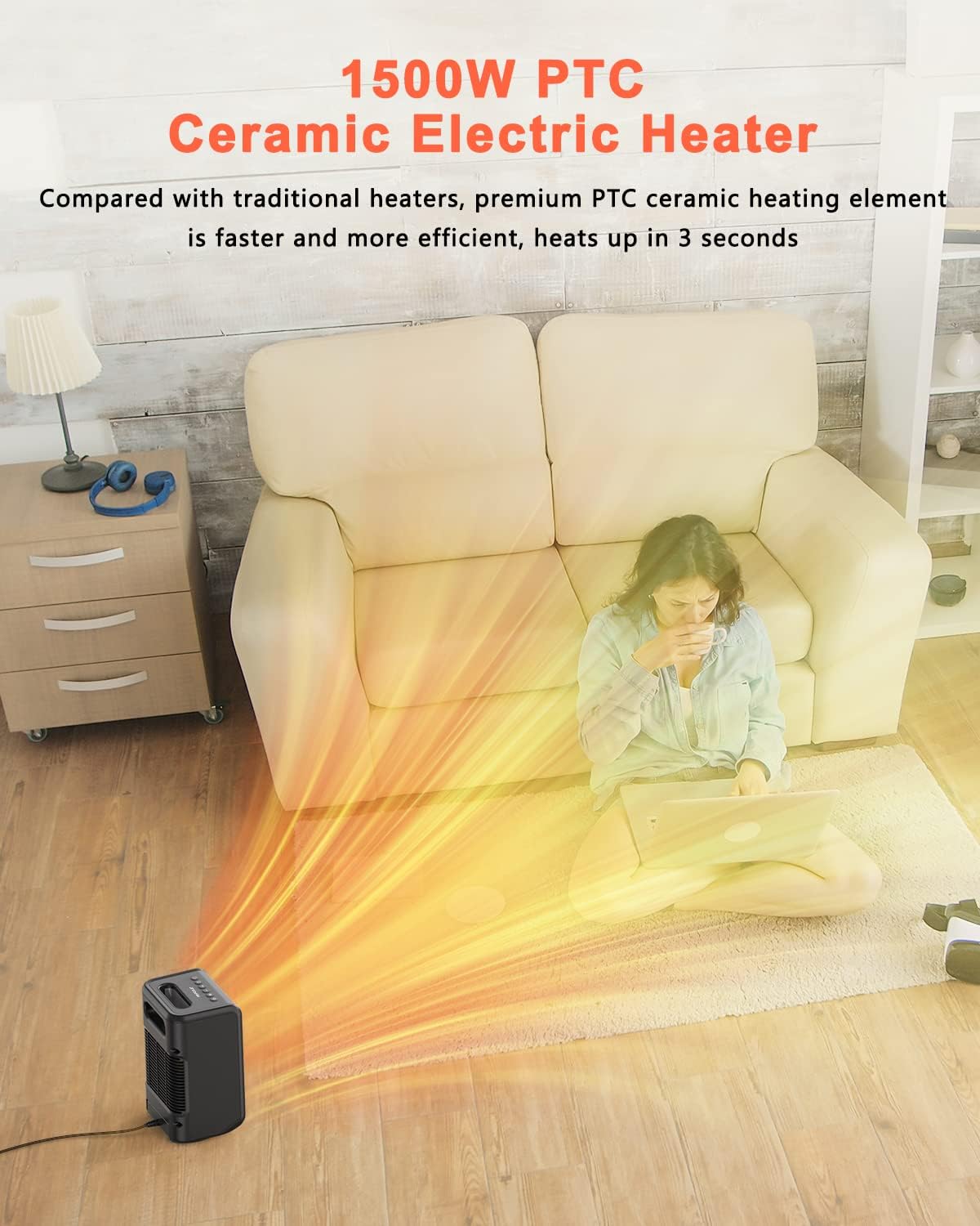 TriPole Calentador eléctrico portátil con termostato, calentadores oscilantes de 80 para uso en interiores, calentador de cerámica PTC de