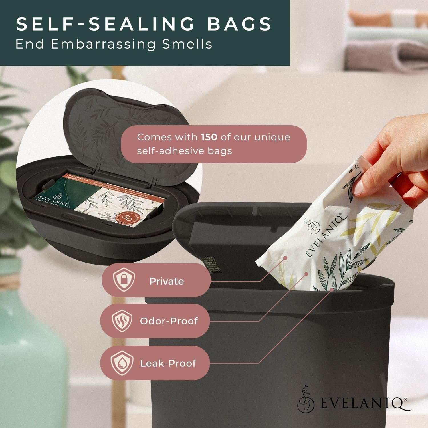 Evelaniq Receptáculo de servilleta sanitaria para mujer (papelera + 150 bolsas de higiene) Almohadilla femenina y Tampón Receptáculo de eliminación