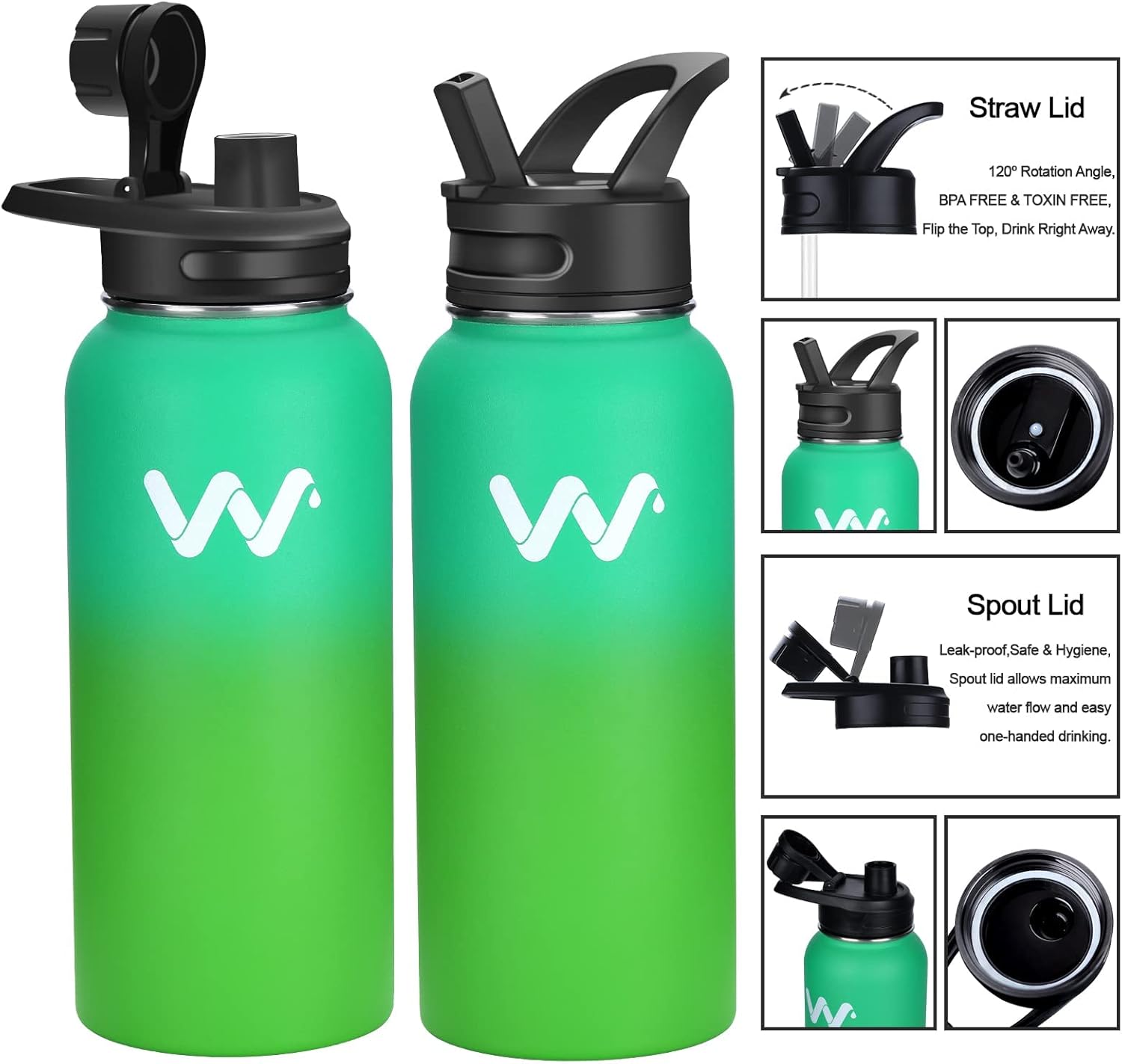 WEREWOLVES Botella de agua aislada con asas de paracaídas, correa, tapa de popote y tapa de boquilla, botella de agua reutilizable de boca ancha al
