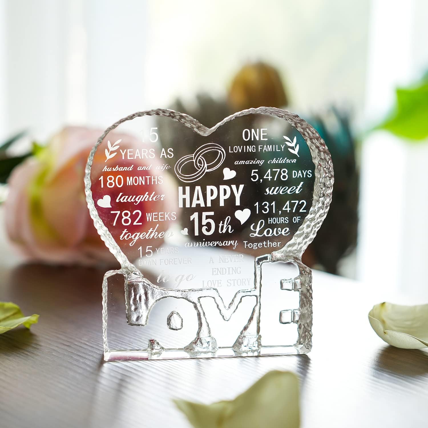 H&D Hyaline&Dora Pisapapeles de aniversario de boda de 15 años, 15 años, escultura de cristal, regalo de recuerdo personalizado con corazón grabado