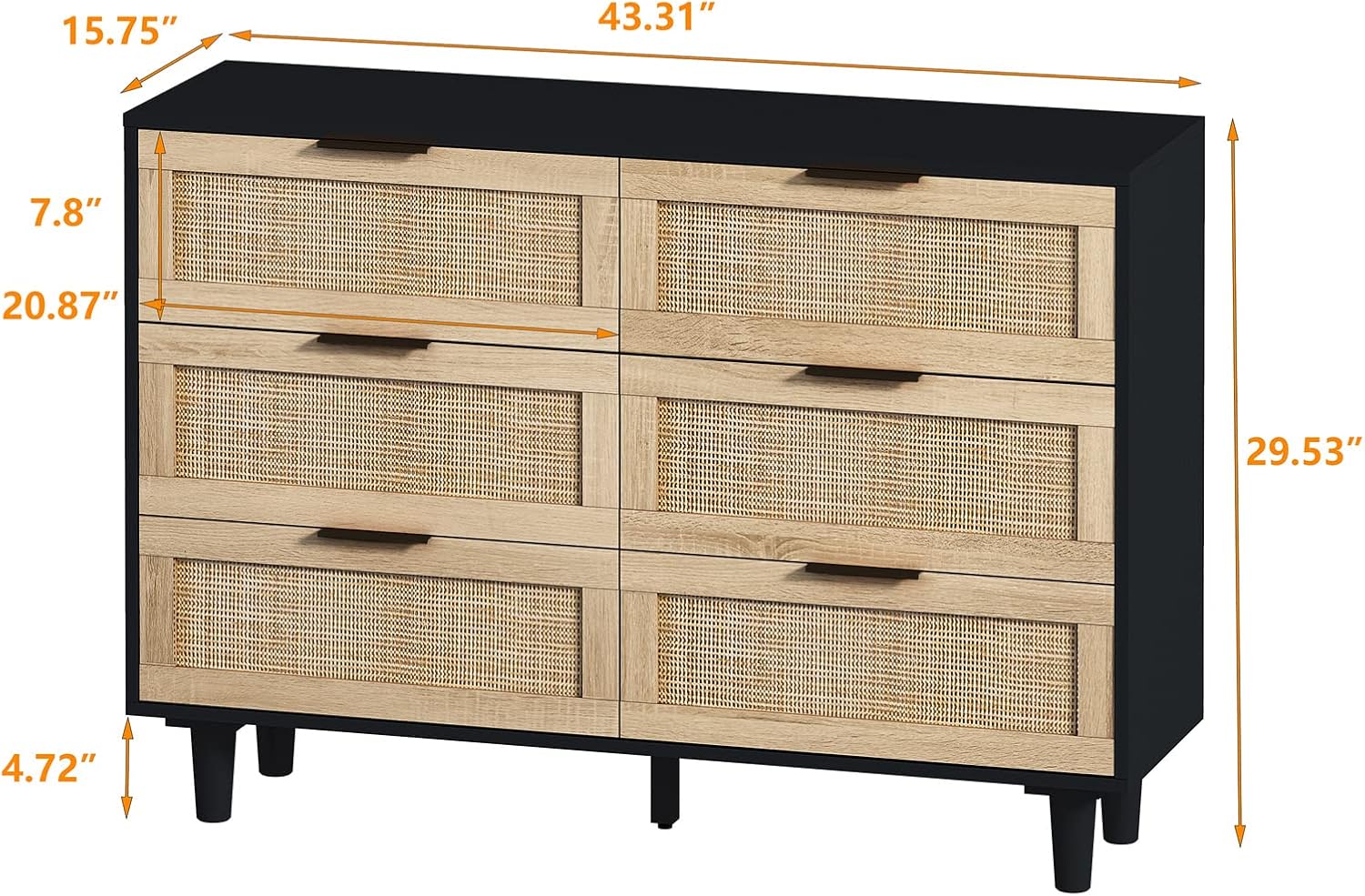 Cómoda de 43 pulgadas de ancho para dormitorio, cómoda de mediados de siglo para sala de estar, cómoda moderna con 6 cajones, mango de metal negro y