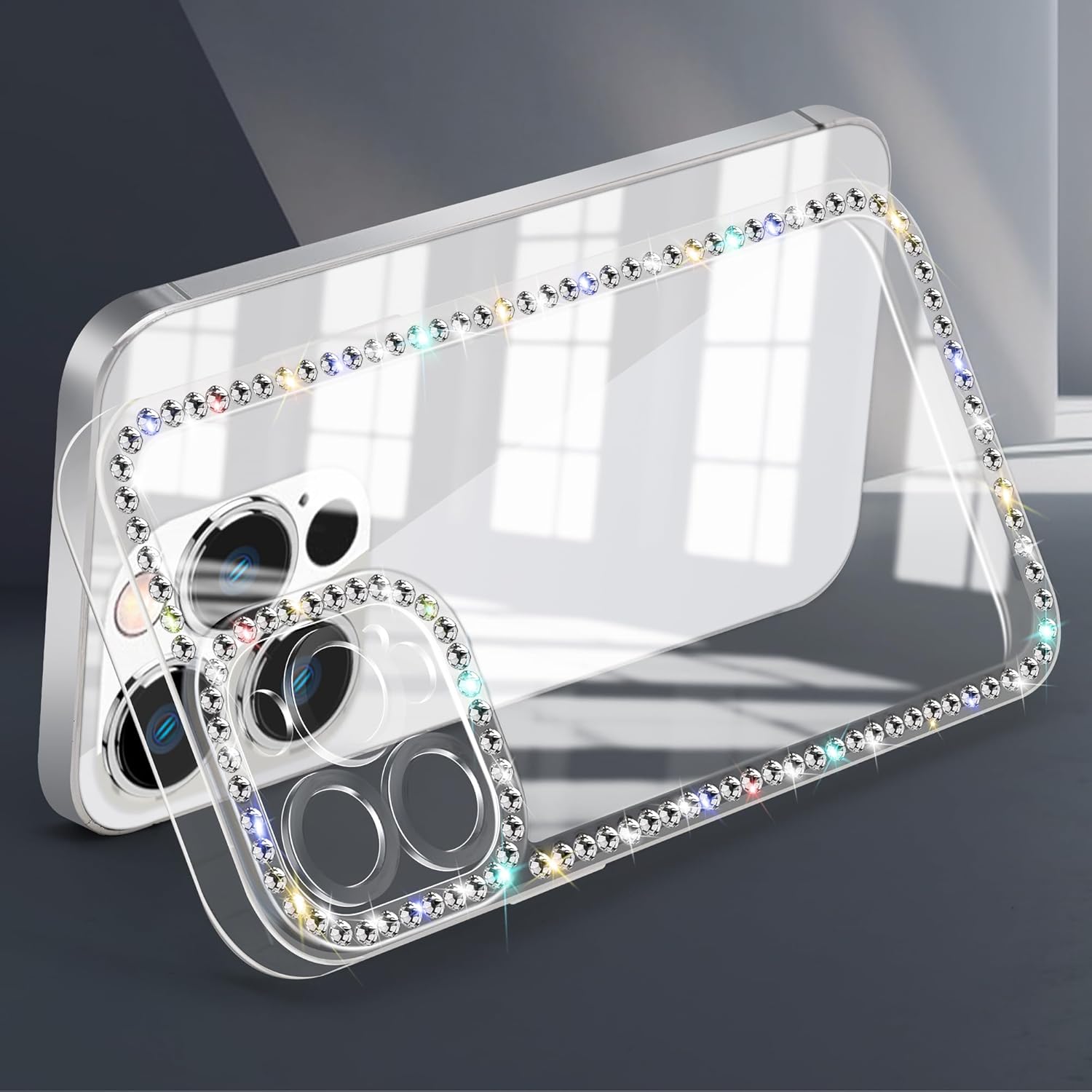 Funda compatible con iPhone 15 Pro Max transparente con diamantes de imitación para niñas y mujeres, funda femenina con purpurina brillante, diseño