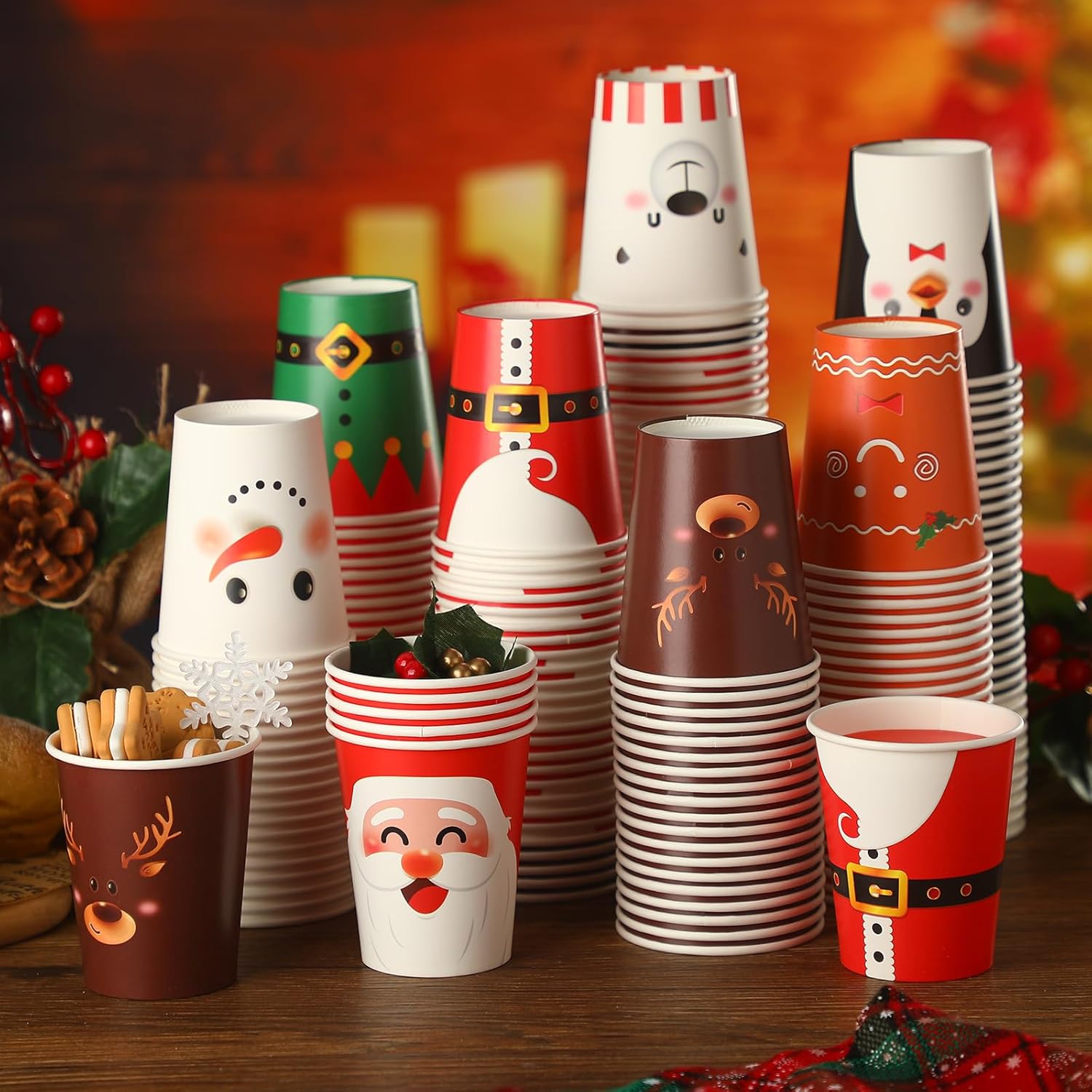 Zhehao 200 vasos de papel desechables de Navidad de 9 onzas, tazas de café desechables, Papá Noel, muñeco de nieve, alce, vasos calientes,
