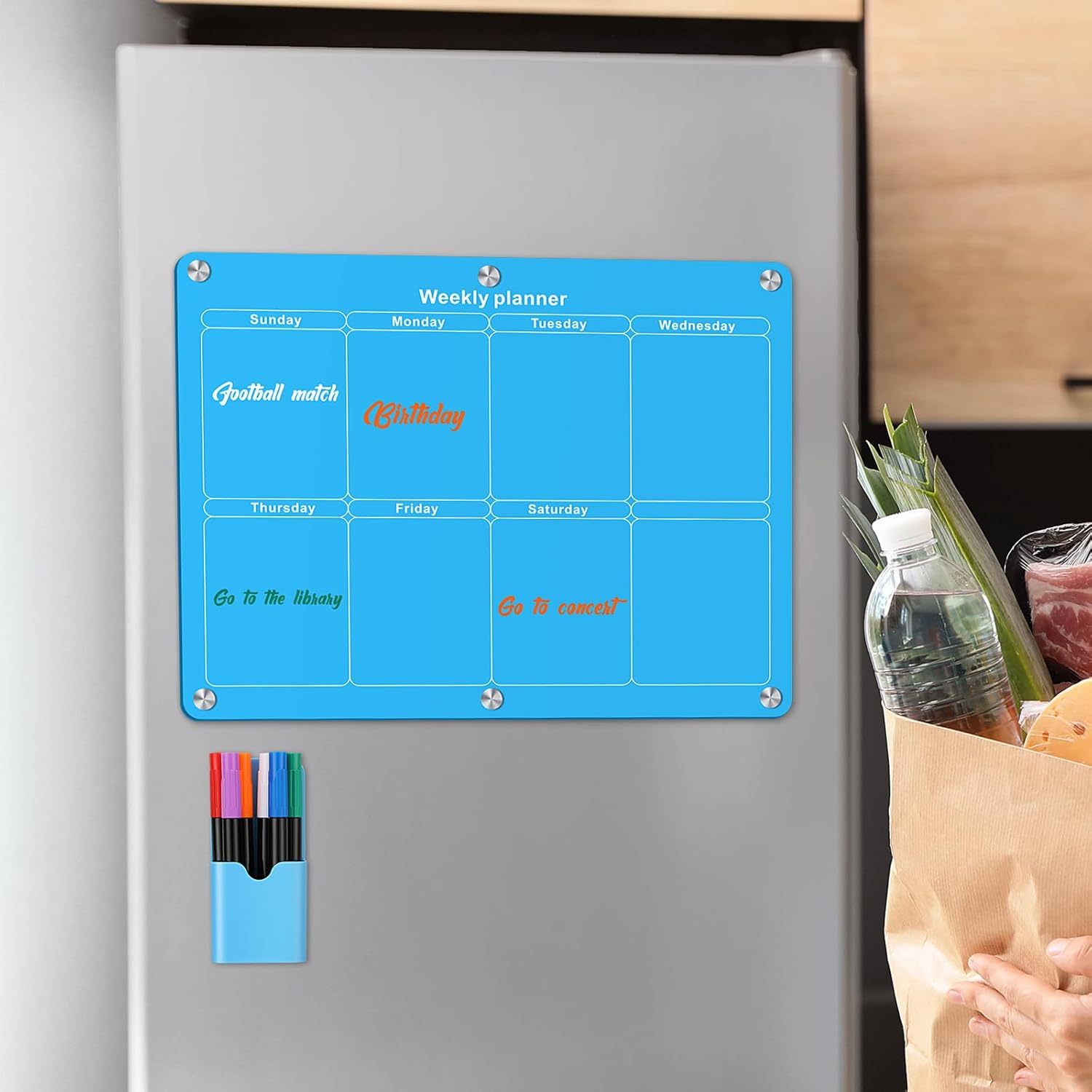 Yeaqee Calendario mensual y semanal magnético acrílico para refrigerador, 2 piezas, tablero planificador reutilizable para refrigerador, incluye 6