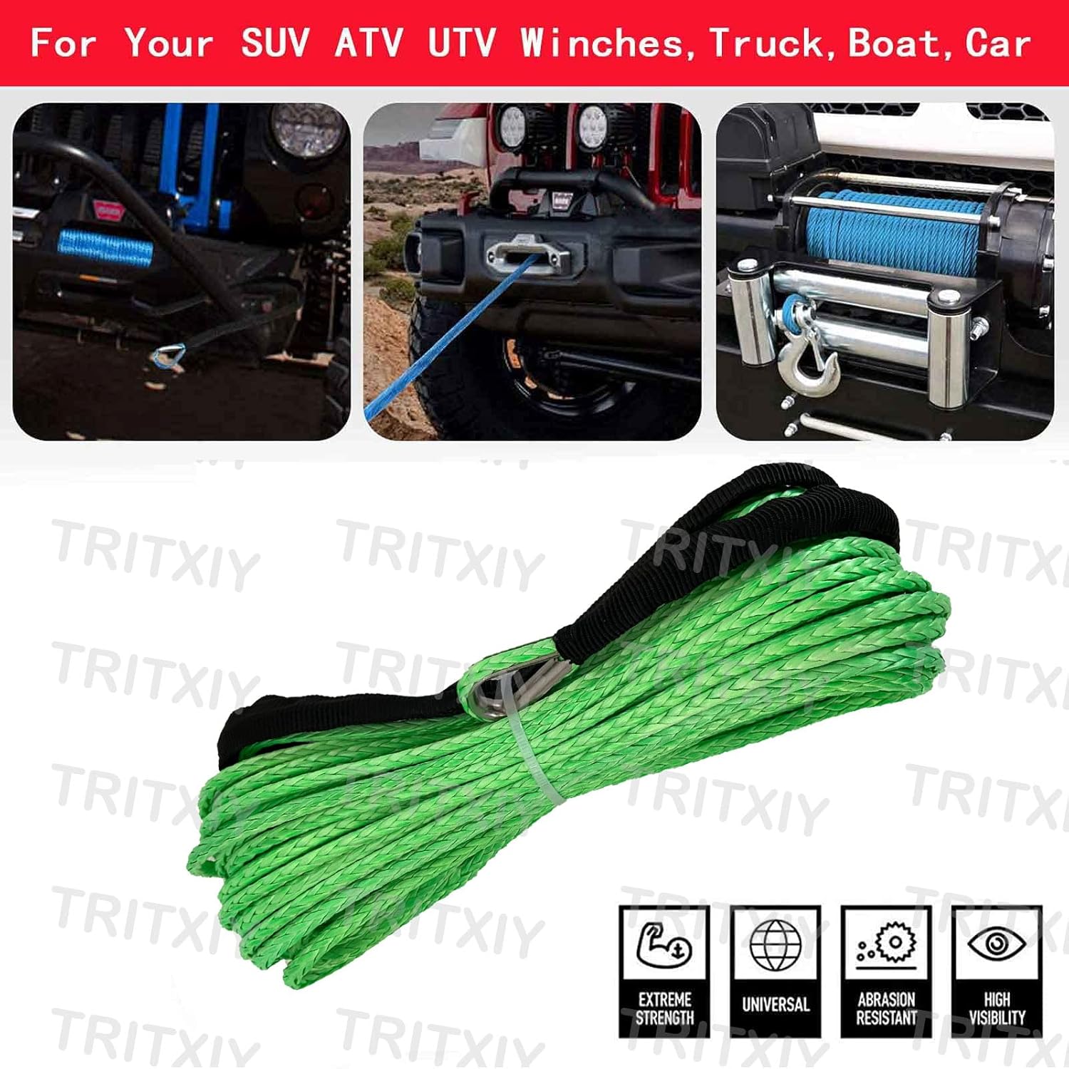 Cuerda de cabrestante sintética de 14 pulgadas x 50 pies, 7700 libras con funda protectora negra para ATV, UTV, SUV, cable de línea de cabrestantes