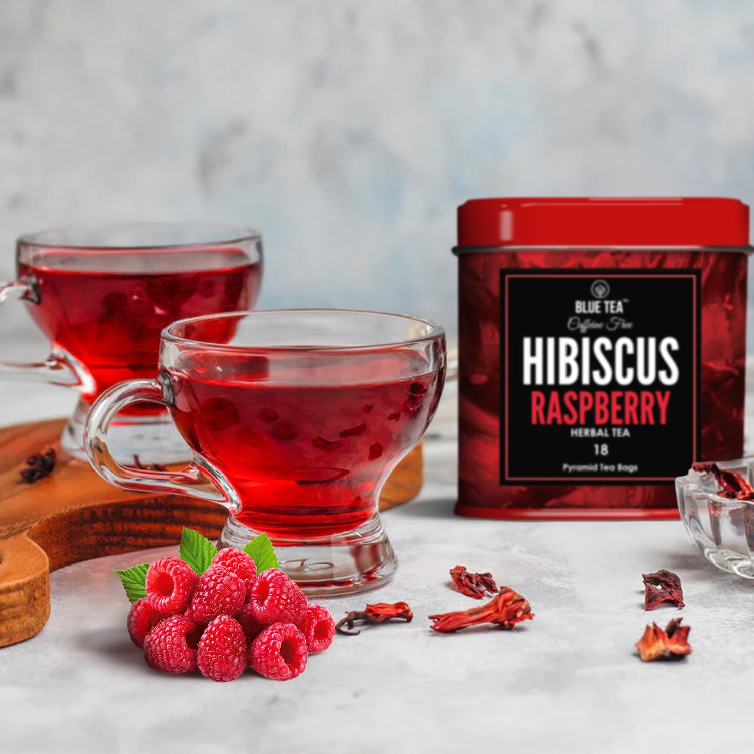 BLUE TEA – Té de hierbas de hibisco y frambuesa – 18 bolsas de té  Regalo del día de la madre  Vegano sin cafeína – Sin gluten – Sin OMG  Bolsa de