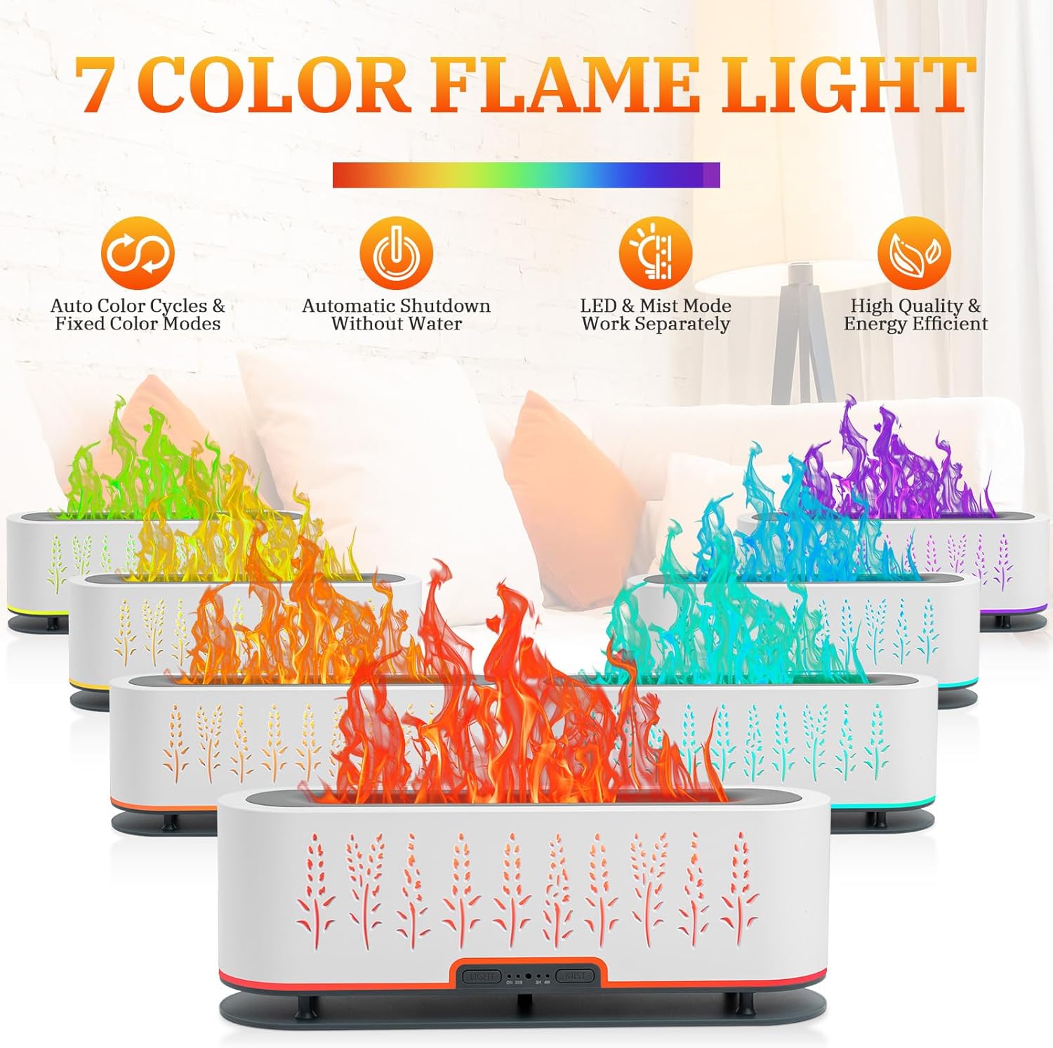 Flame Air Difusor de aroma Humidificador de 7 colores de llama, difusor de aromaterapia de aceite esencial de 6.8 fl oz con 2 modos de niebla, 4