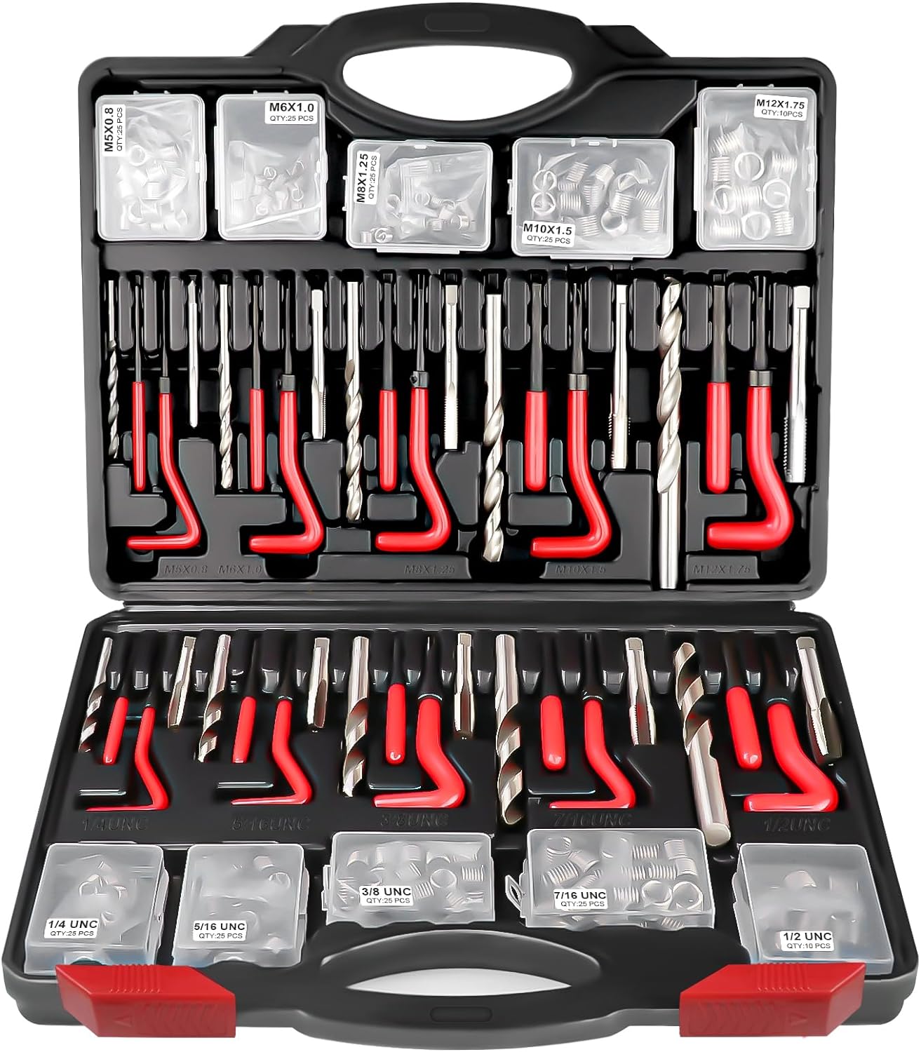 AJulyBee Kit de reparación de roscas helicoidales, 261 piezas Kit de reparación de roscas HSS, kit de reenhebrado con medidor de rosca, métrico y