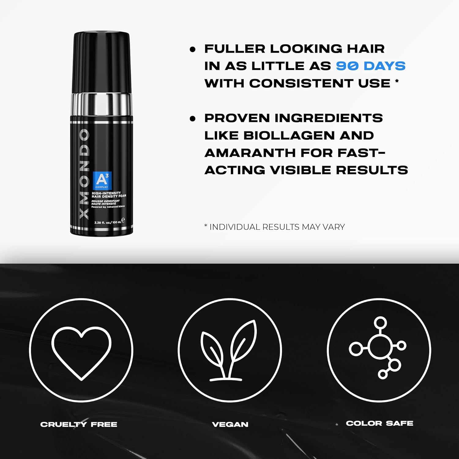 XMONDO Hair A3 Complex Espuma de densidad capilar de alta intensidad  Fórmula vegana con biollagen y amaranto, activos vegetales de acción rápida