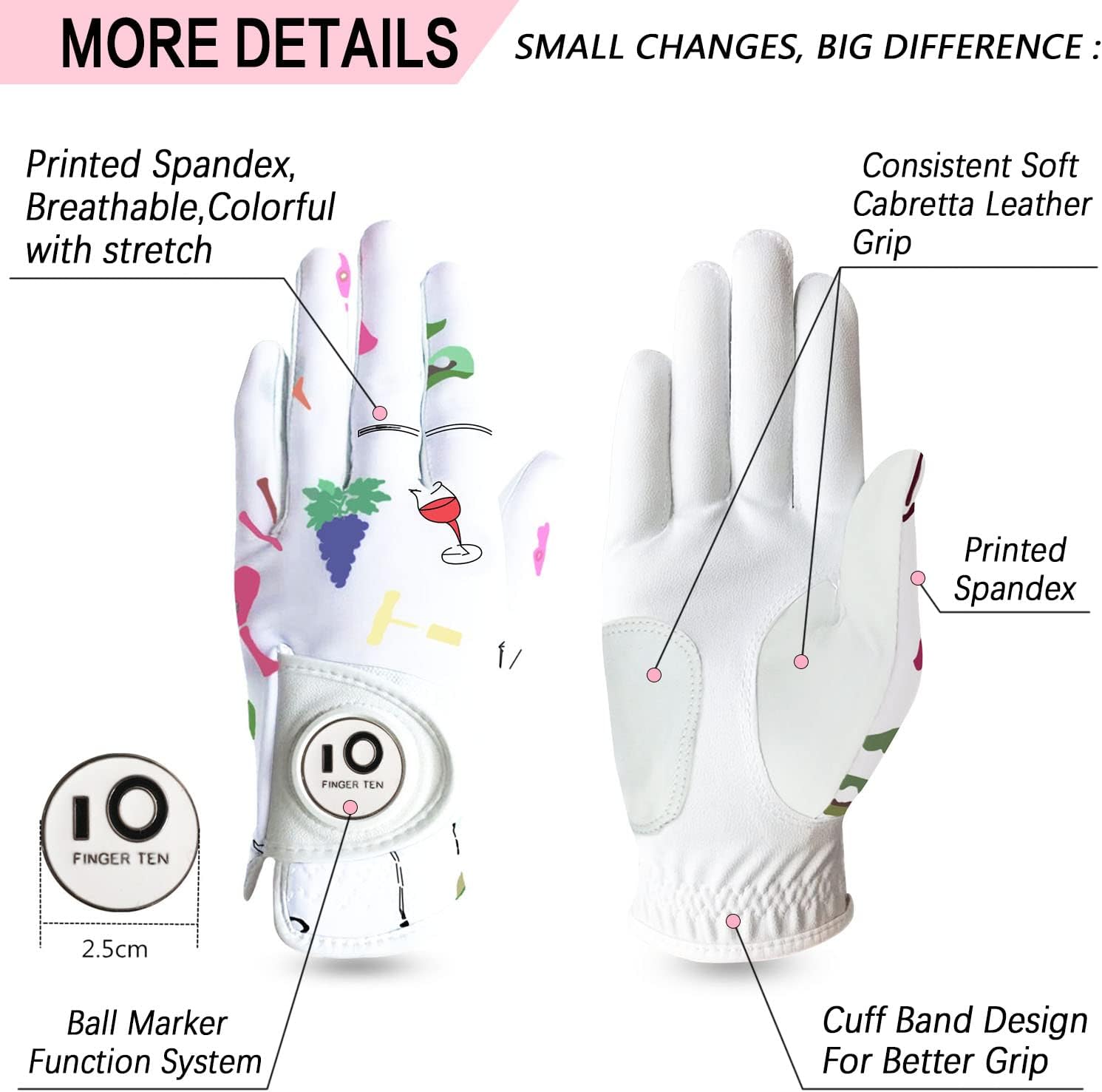 FINGER TEN Guantes de golf para mujer, mano izquierda y derecha, de cuero, con marcador de bola, guantes de colores para mujeres diestras y zurdas,