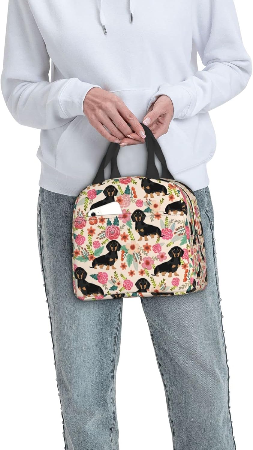 Daschund – Bolsa de almuerzo con aislamiento de flores para perros y mujeres, reutilizable, impermeable, portátil, hielera, térmica, para trabajo,