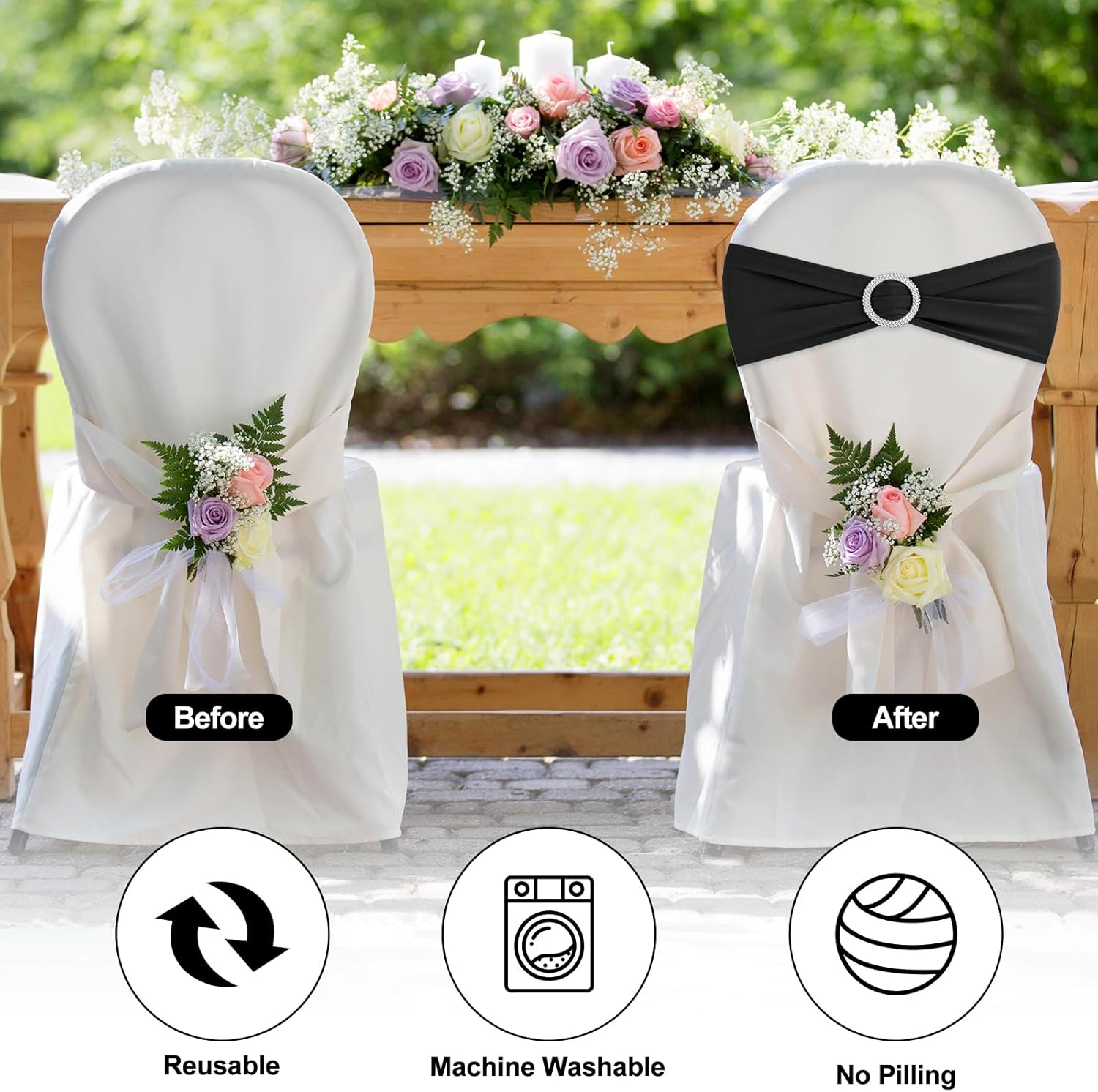 Bandas negras para silla, paquete de 25 bandas elásticas de elastano con hebillas para sillas plegables, bodas, fiestas, recepciones, baby shower,