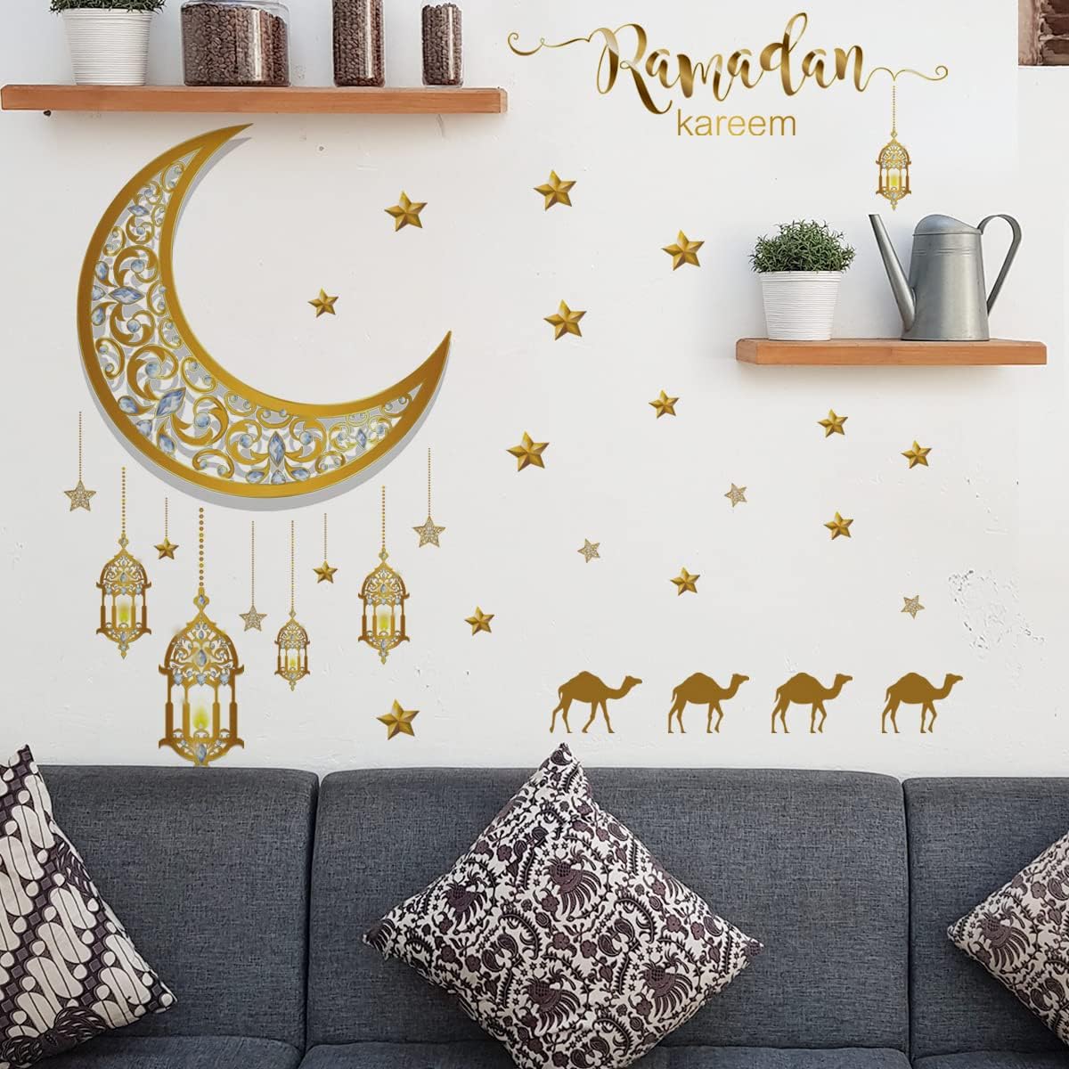 Calcomanías de pared de luna Ramadán Kareem lámpara de estrella amarilla camello, calcomanías de pared removibles para despegar y pegar, mural de