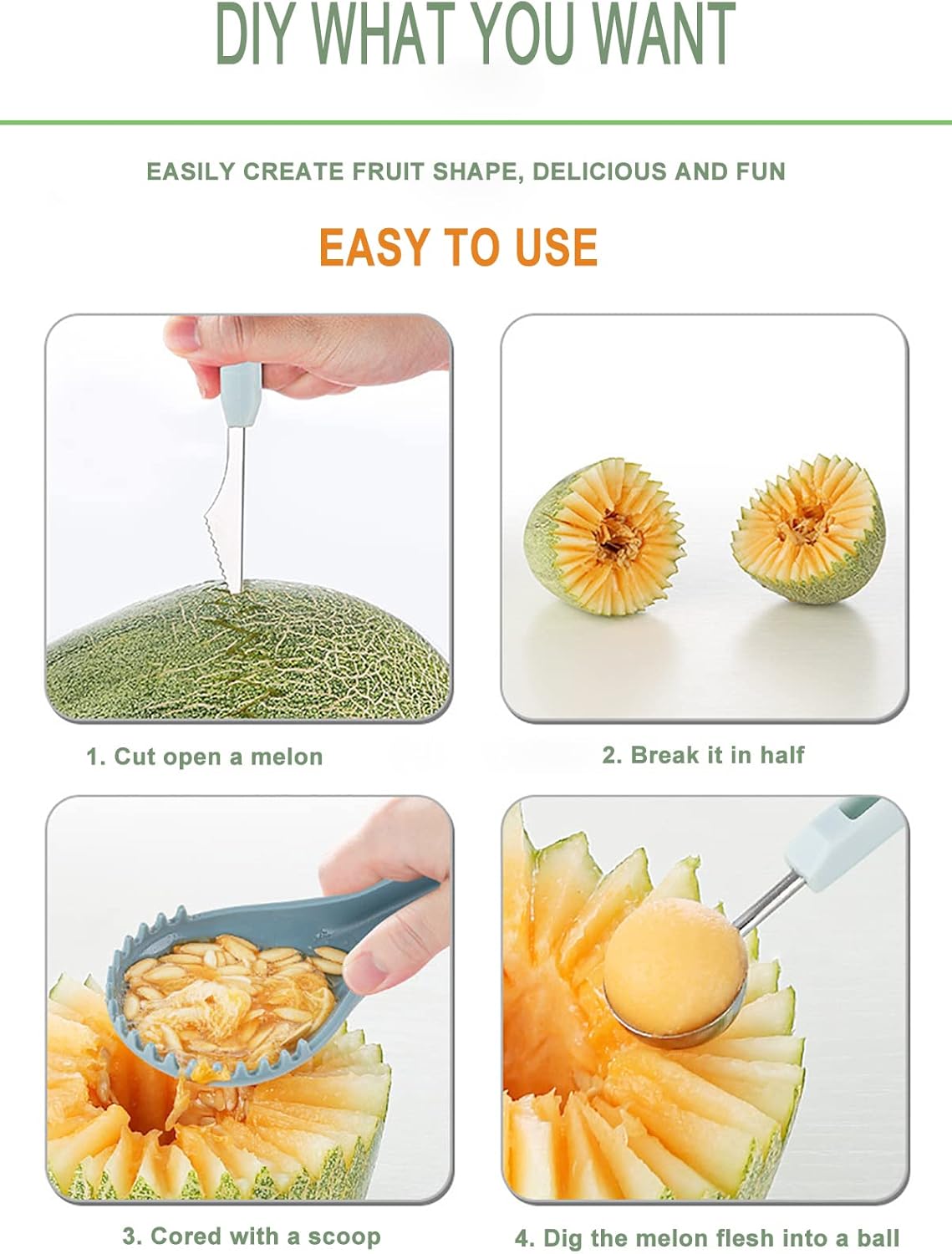 Melon Baller Scoop Set, profesional 6 en 1 cortador de sandía de acero inoxidable cortador de sandía herramientas de tallado de frutas, cortadores