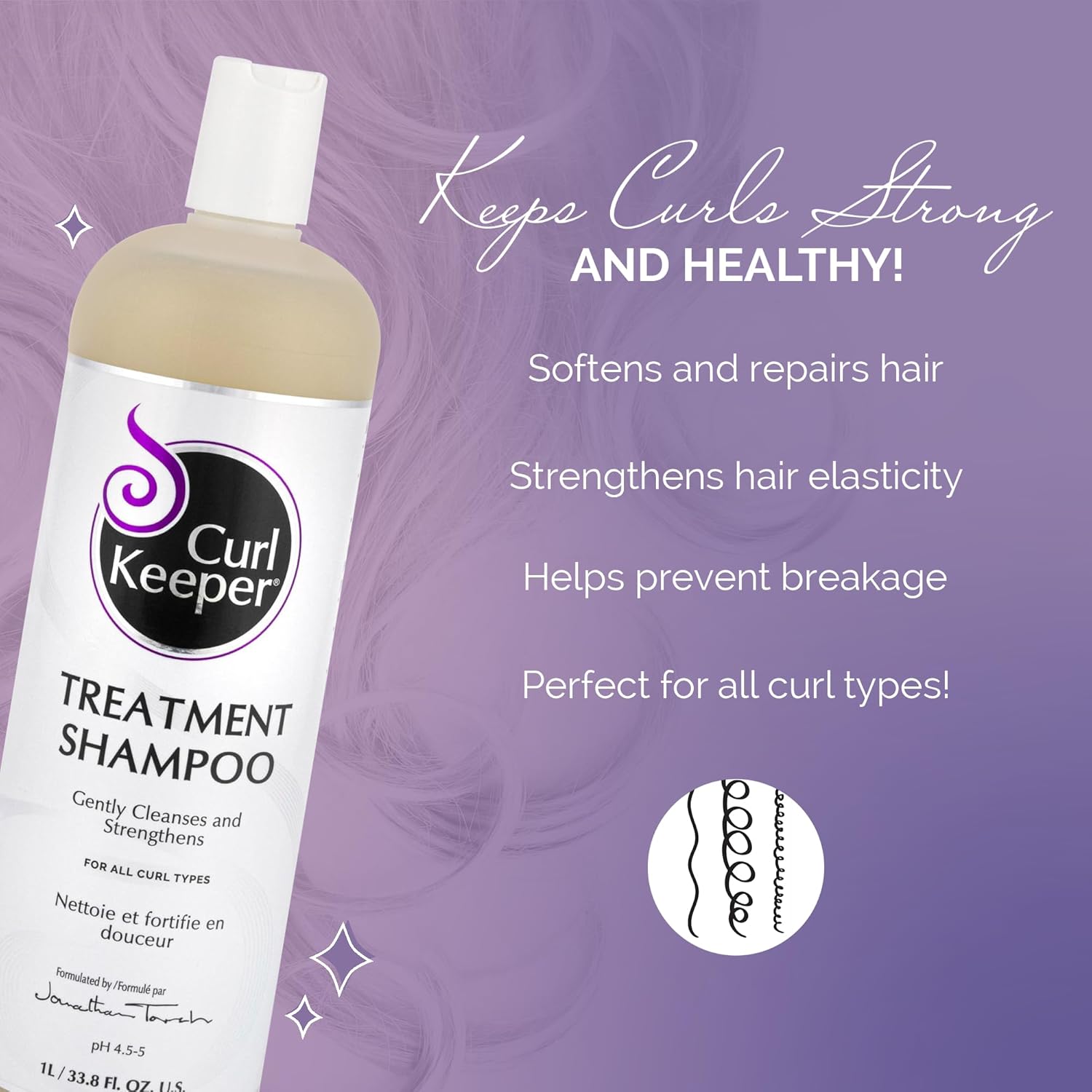 Curl Keeper Champú de tratamiento para cabello rizado, 33.8 onzas líquidas, champú diario para el cabello, limpia y fortalece suavemente todo tipo