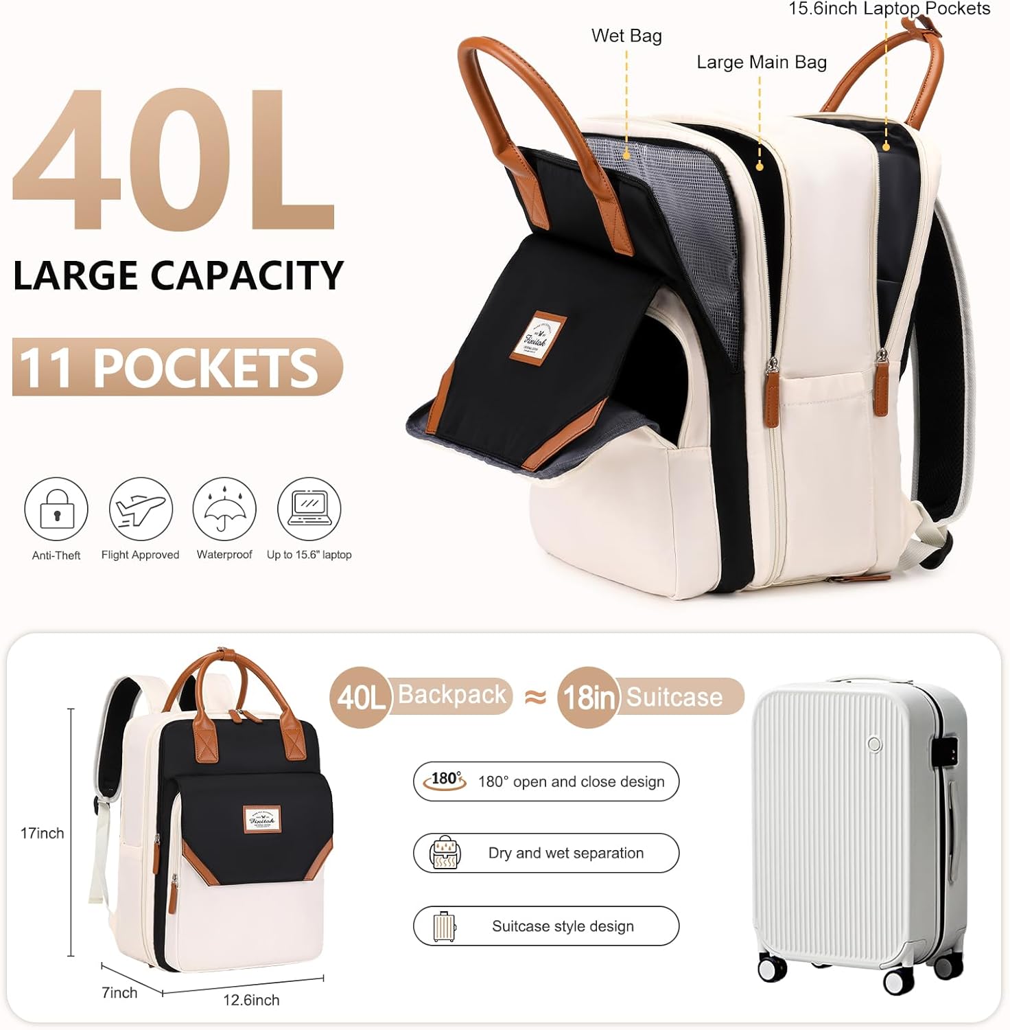 Mochila de viaje grande para mujer, 40L, mochila de equipaje personal, mochila casual, negro, beige (Black-Beige), Mochilas de viaje