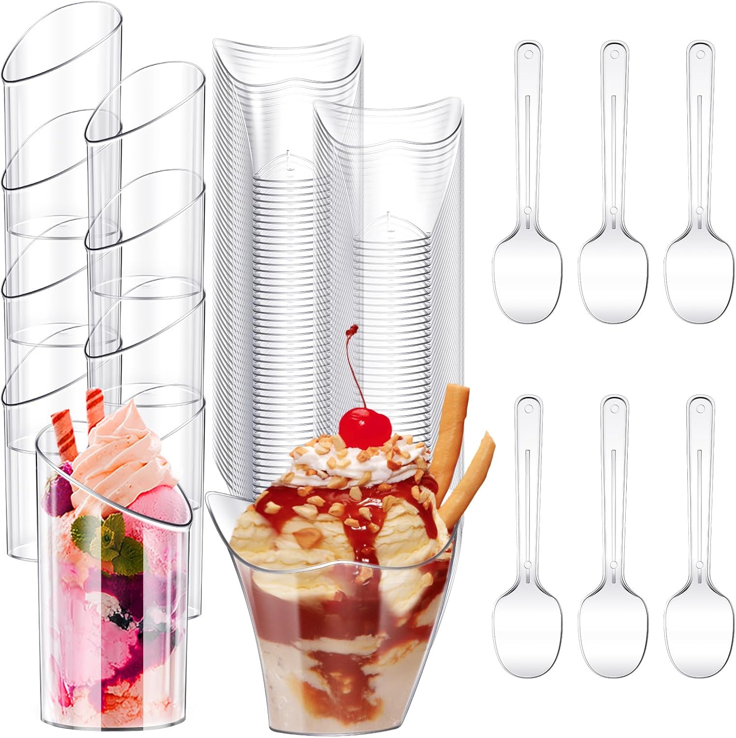 Funtery Paquete de 300 mini tazas de postre con cucharas de plástico transparente Parfait taza redonda inclinada para postres tiradores de postres