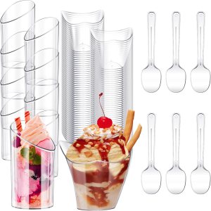 Funtery Paquete de 300 mini tazas de postre con cucharas de plástico transparente Parfait taza redonda inclinada para postres tiradores de postres Funtery Paquete de 300 mini tazas de postre con cucharas de plástico transparente Parfait taza redonda inclinada para postres tiradores de postres