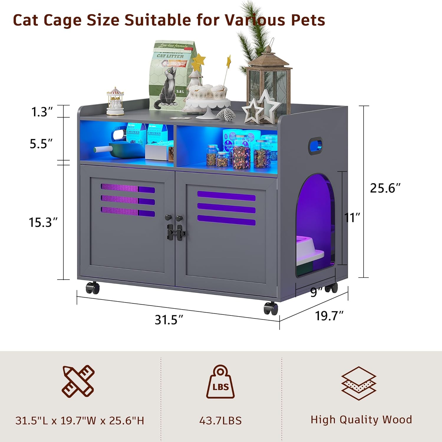 FOMNEY Caja de arena para gatos, mueble oculto con cuerpo humano, 3 luces LED de color, jaula para gatos con 2 cajones abiertos y 1 puerto USB, casa