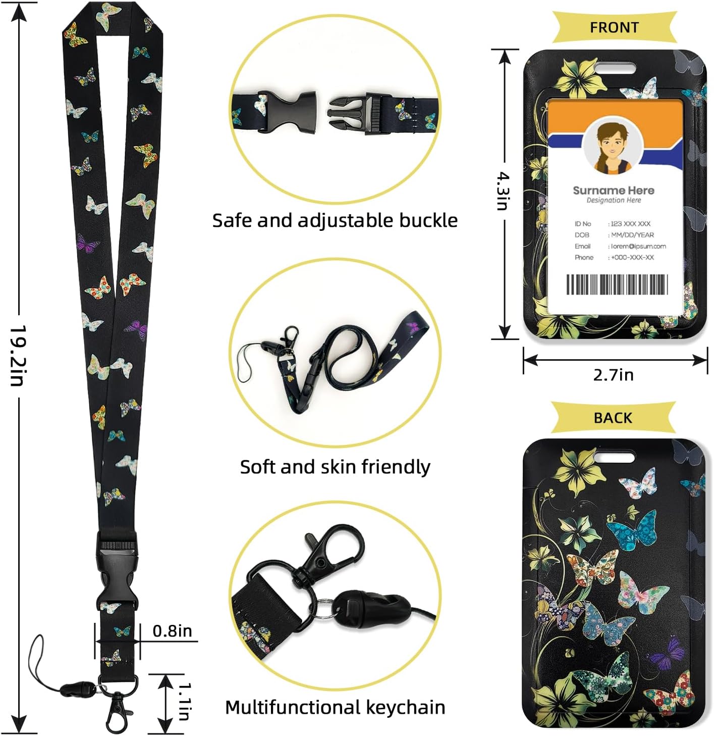 Diwvzoed Portatarjetas con carrete retráctil, bonito cordón estético de mariposa, elegante protector vertical de identificación, clip retráctil para