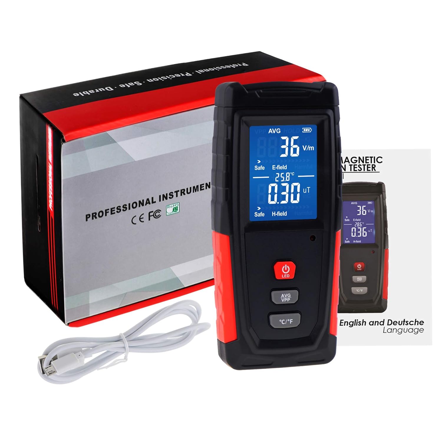 Probador digital EMF Detector de radiación de campo eléctrico y magnético Medición de temperatura con pantalla de color y batería recargable