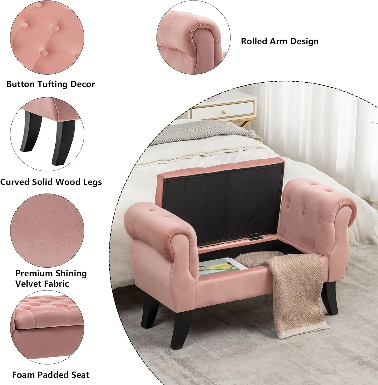 Setawix Banco de cama con brazos enrollados con almacenamiento acolchado de terciopelo para dormitorio, banco otomano para dormitorio, banco de