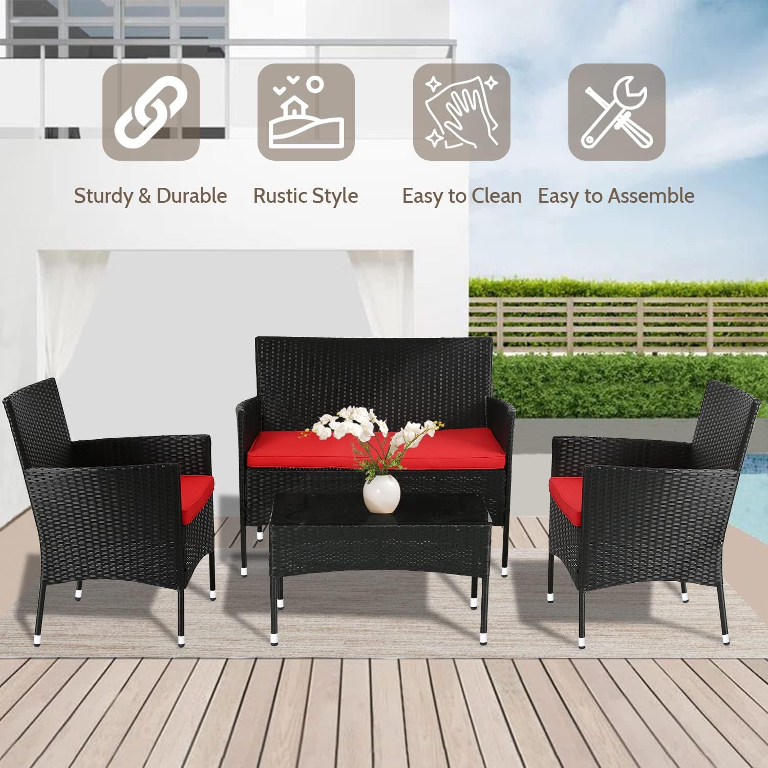 FDW Juego de muebles de patio, 4 piezas, muebles de exterior, sillas de mimbre para patio, muebles de patio, juego de conversación para uso en