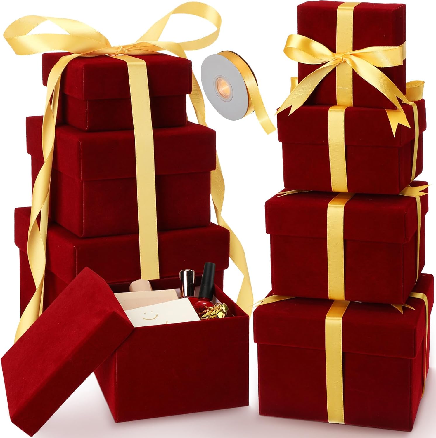 Fulmoon 8 cajas de regalo anidables con tapas, caja de regalo de terciopelo de 4 tamaños, cajas de regalo cuadradas para envolver San Valentín,
