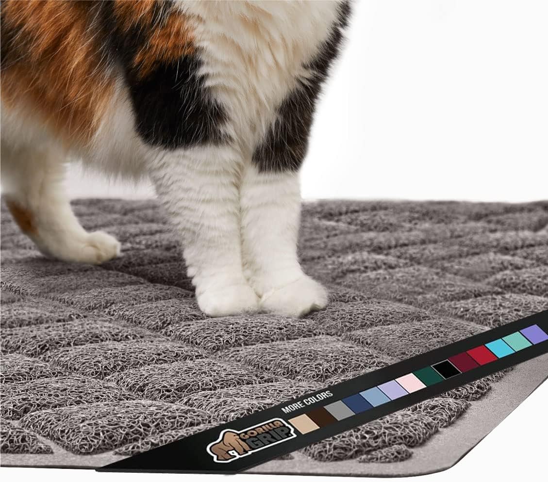 Gorilla Grip – Tapete grueso para arena de gato, 24 x 17, menos residuos, atrapa suciedad, se mantiene en su sitio, suave para las patas, limpieza