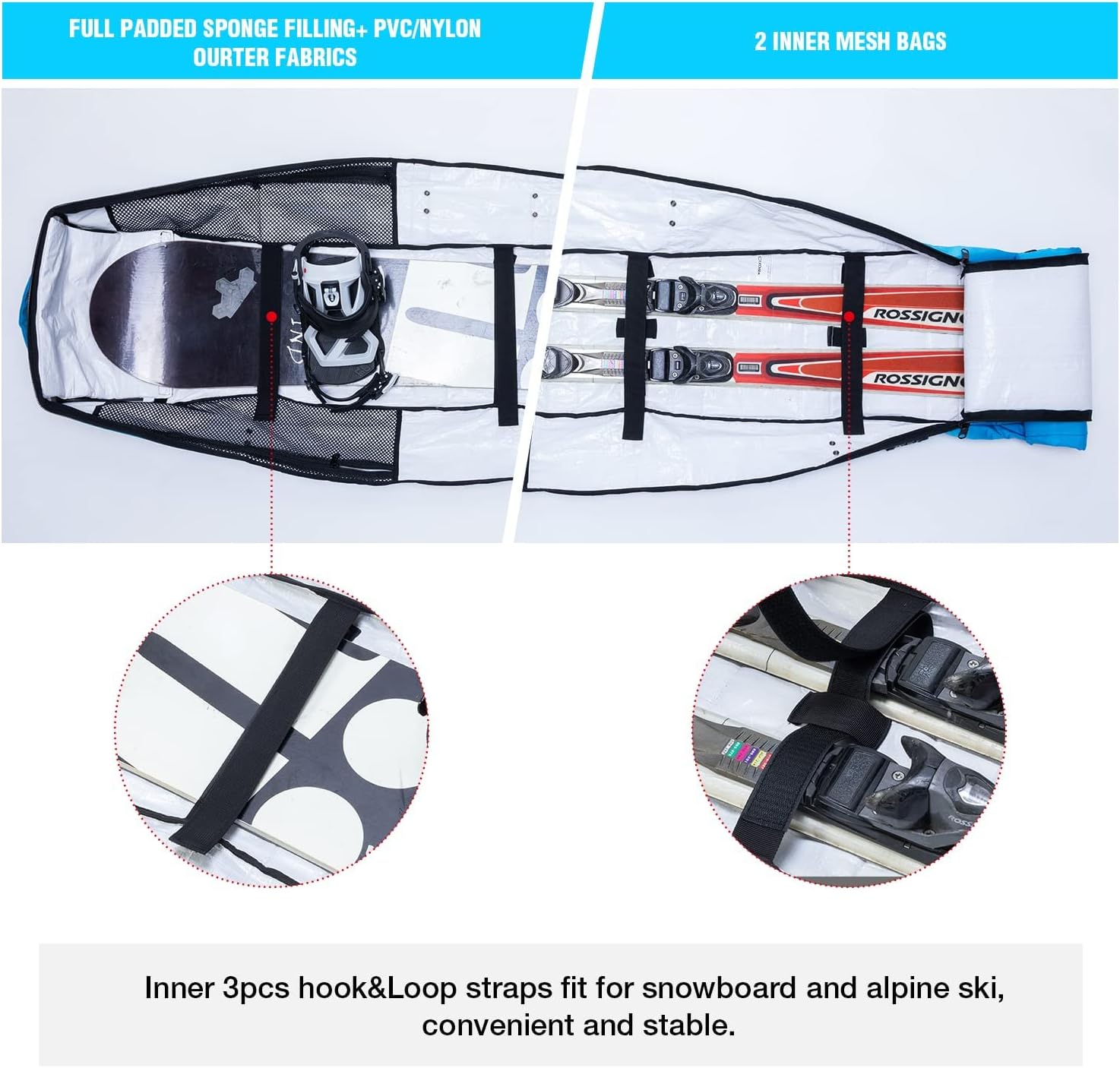 XCMAN Bolsa de snowboard acolchada con ruedas y cerradura, viajes por carretera y avión aéreo, longitud ajustable de 63 a 78 pulgadas