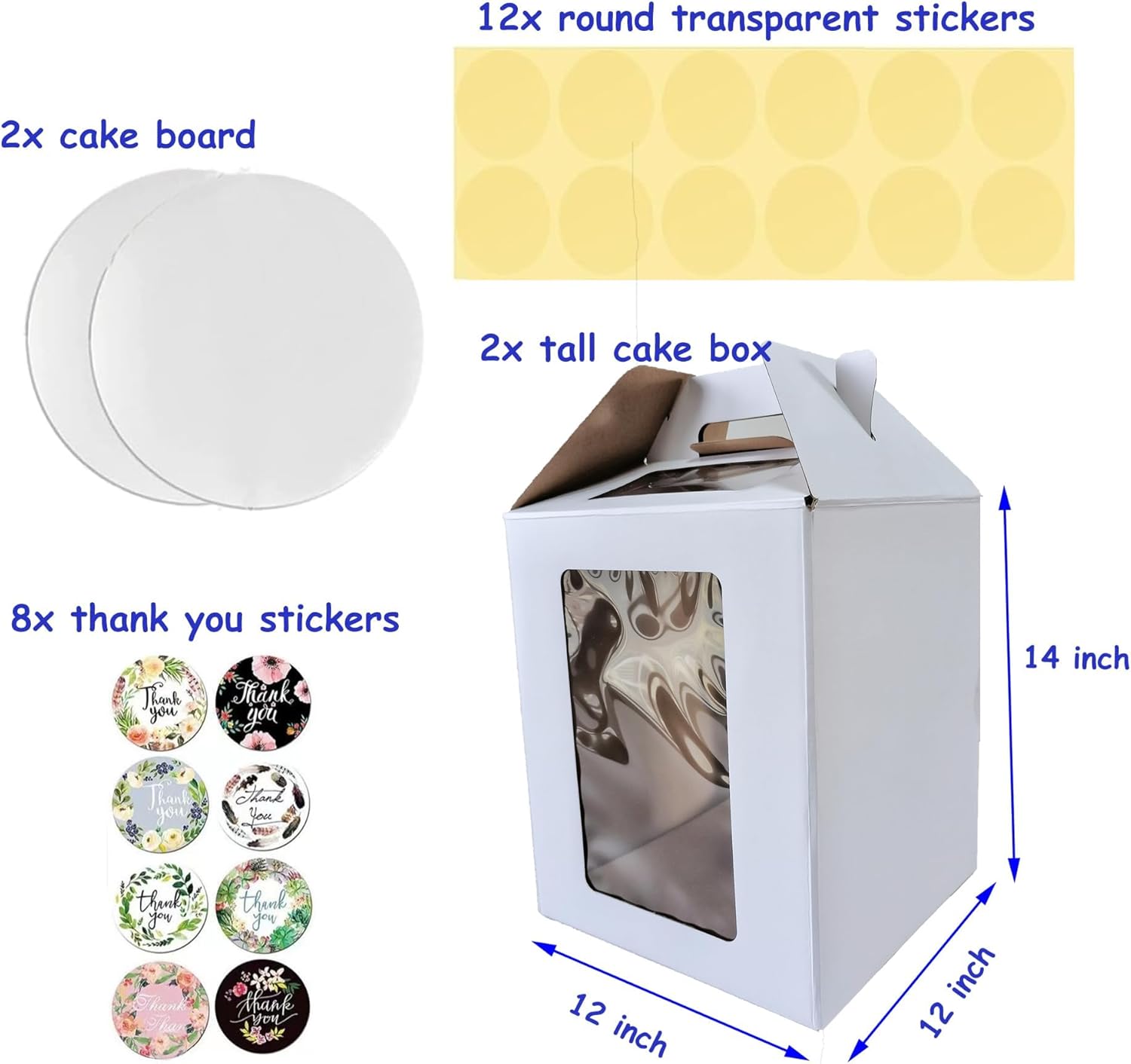CouSweoArt Caja alta para tartas, caja alta para tartas de nivel con ventana, 2 paquetes de cajas escalonadas para pasteles de 12 x 12 x 14 pulgadas