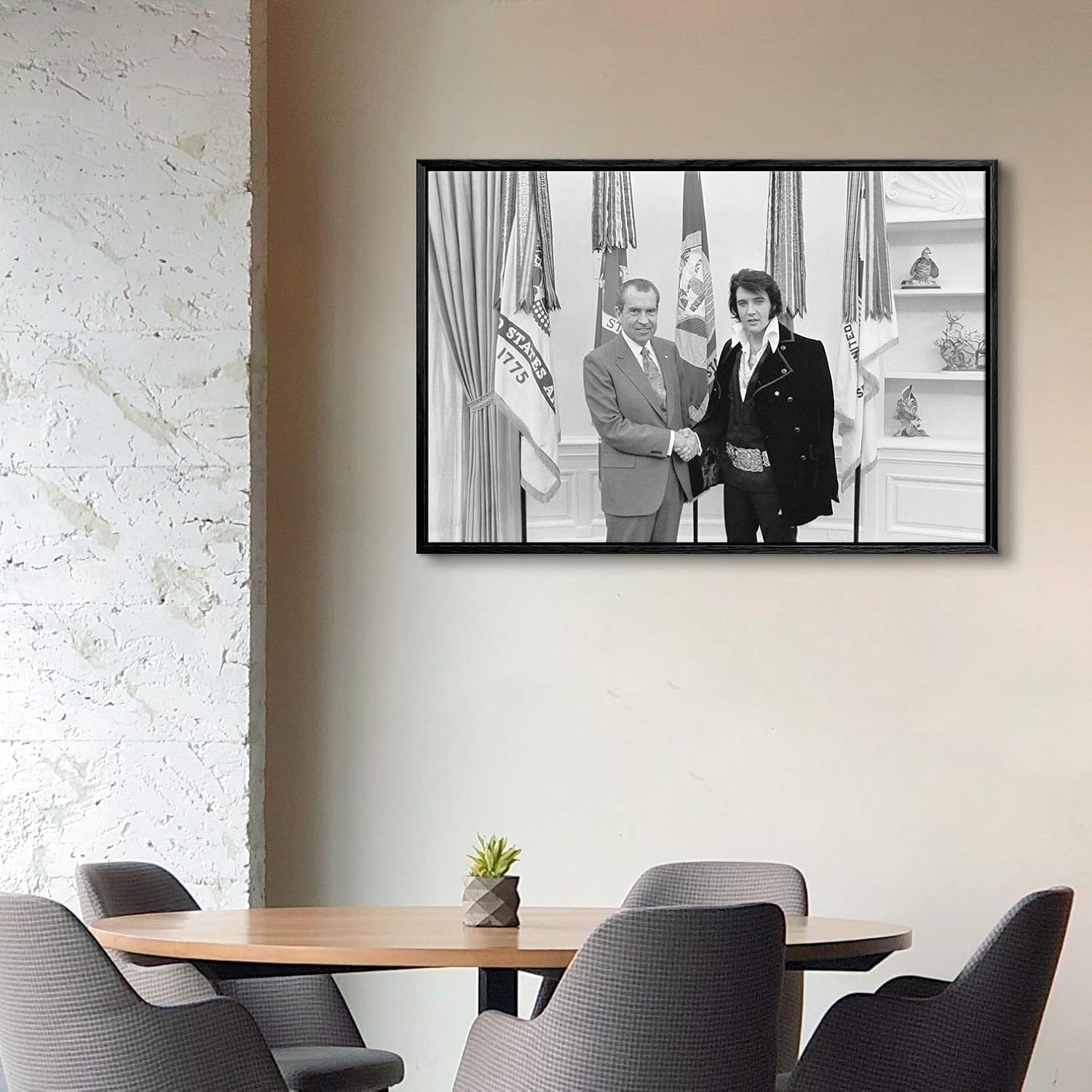 Lienzo con marco flotante, arte para pared, foto vintage de Elvis Presley con Richard Nixon, 24 x 16 pulgadas