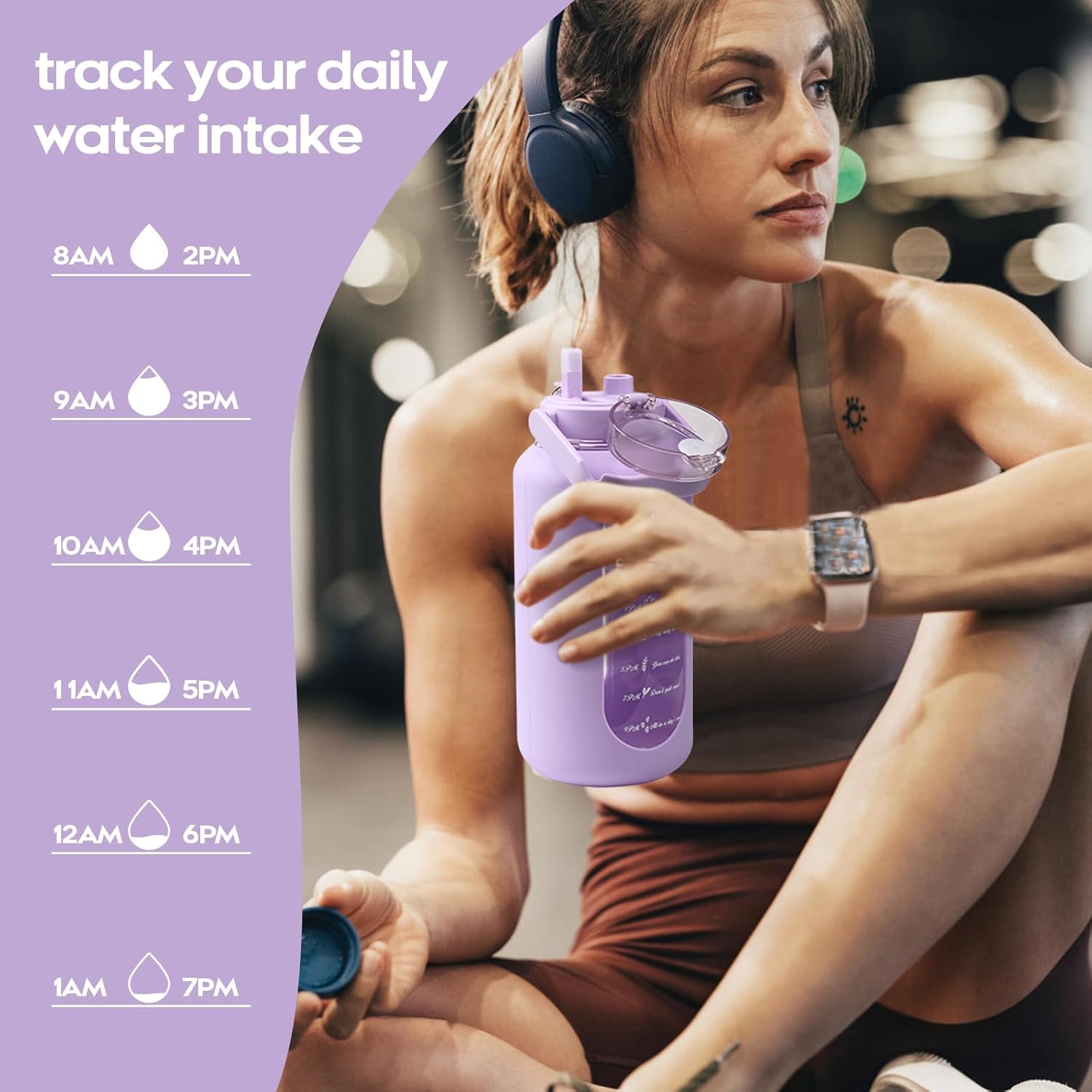 chunmo Bolttles de agua de vidrio de 74 onzas con pajilla, botella de agua motivacional grande con marcador de tiempo, botellas de agua deportivas