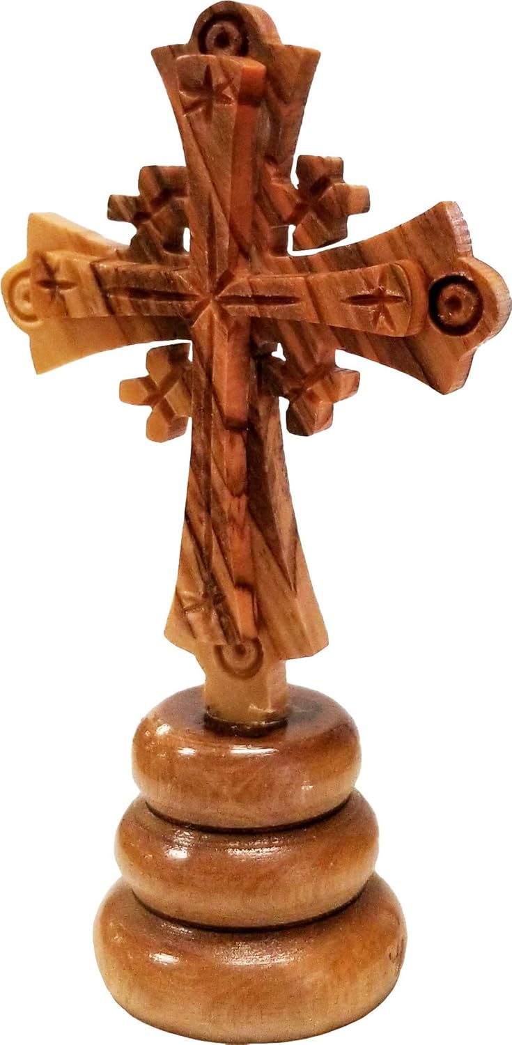 Combo de cruz de Jerusalén de pie de madera de olivo de Tierra Santa de Israel, mediano, cruz tallada a mano en soporte, 4.25 pulgadas