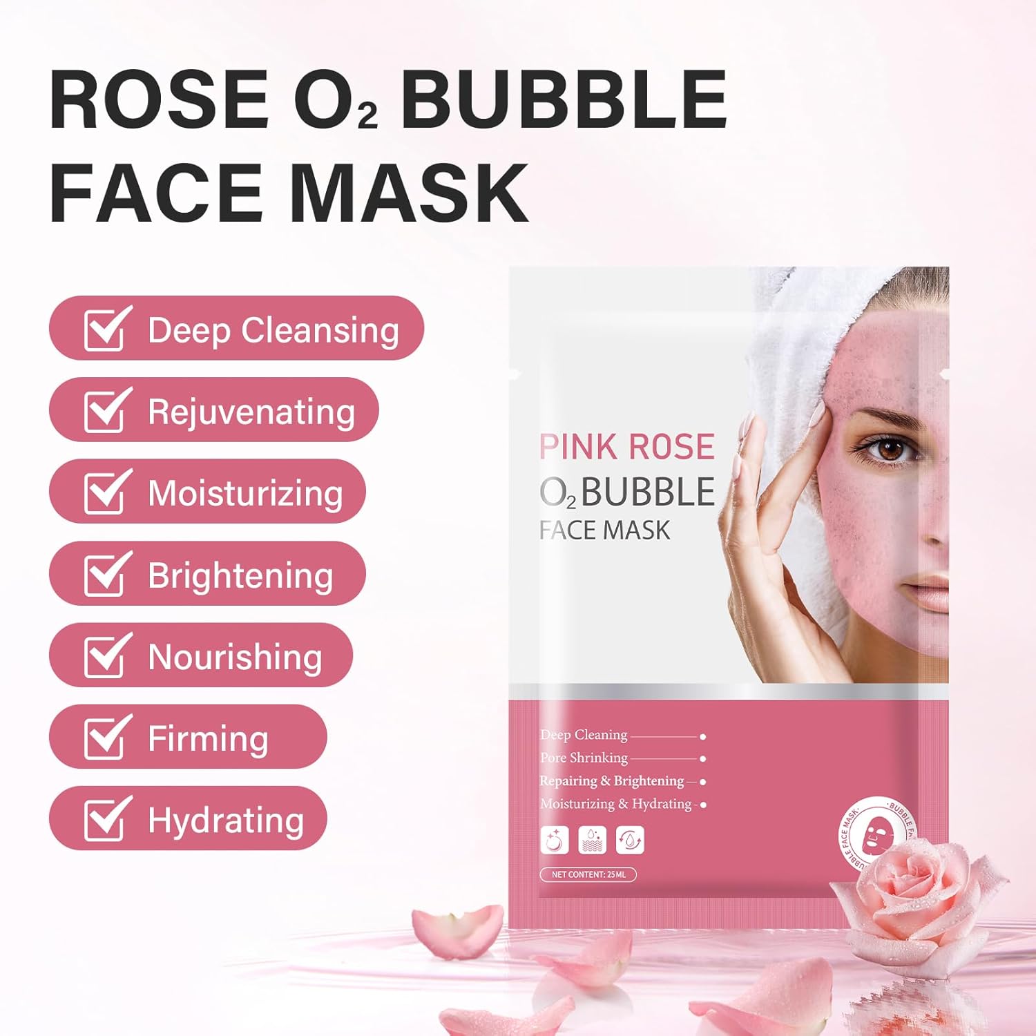 Pink Rose O2 Bubble – Mascarilla facial para el cuidado de la piel, mascarillas de limpieza profunda para la cara, mascarilla facial hidratante para
