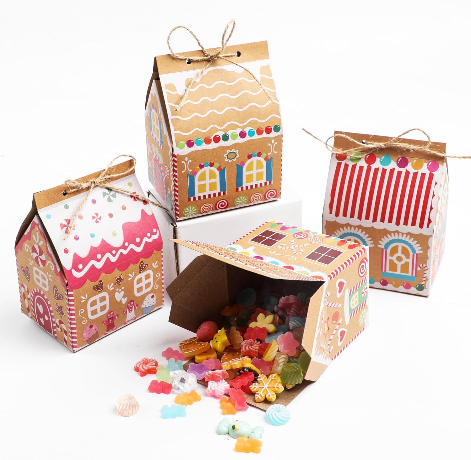 SULOLI 24 cajas de regalo de papel kraft de Navidad, dulces de Navidad, bolsas de golosinas estilo casa para regalos de fiesta de Navidad