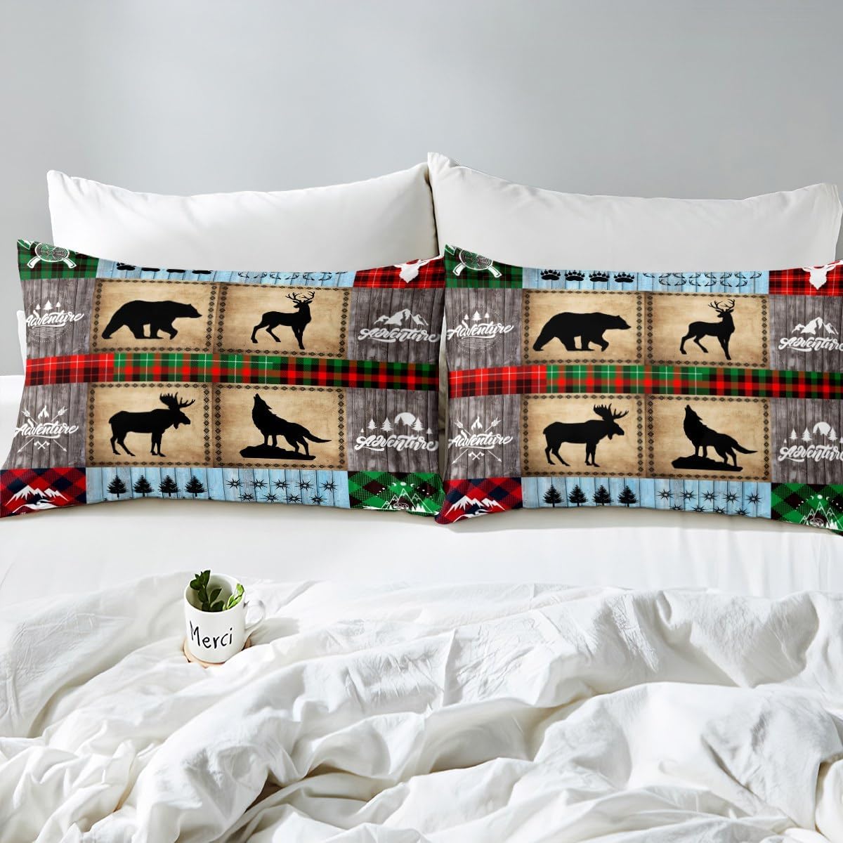 Juego de funda de edredón para niños de ciervo, oso, lobo, tamaño matrimonial, juego de ropa de cama de cabaña de aventura para niños, niñas,