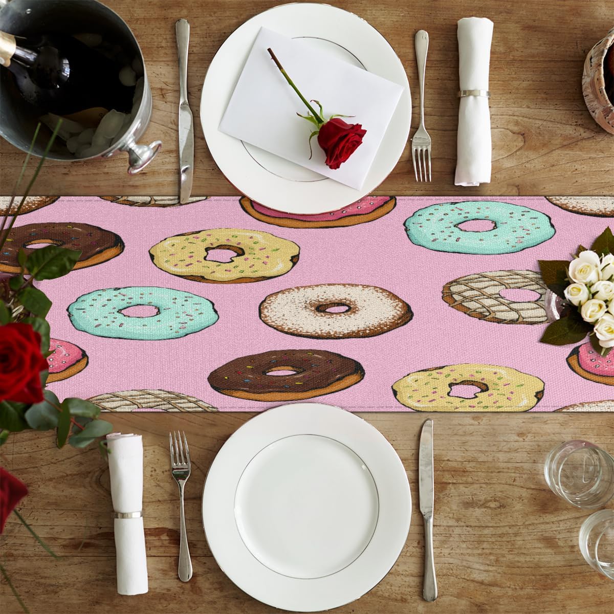 Camino de mesa de donas lindas, mantel de lino rústico otoñal, decoración de mesa de cocina y comedor para fiesta en el hogar, 13 x 72 pulgadas