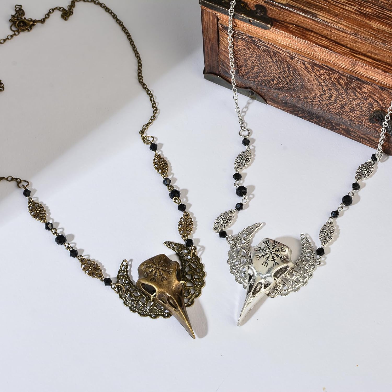 Diadema gótica de pájaro con calavera y luna creciente, cabeza de luna creciente, diadema de nudo celta bohemio para Halloween (bronce)