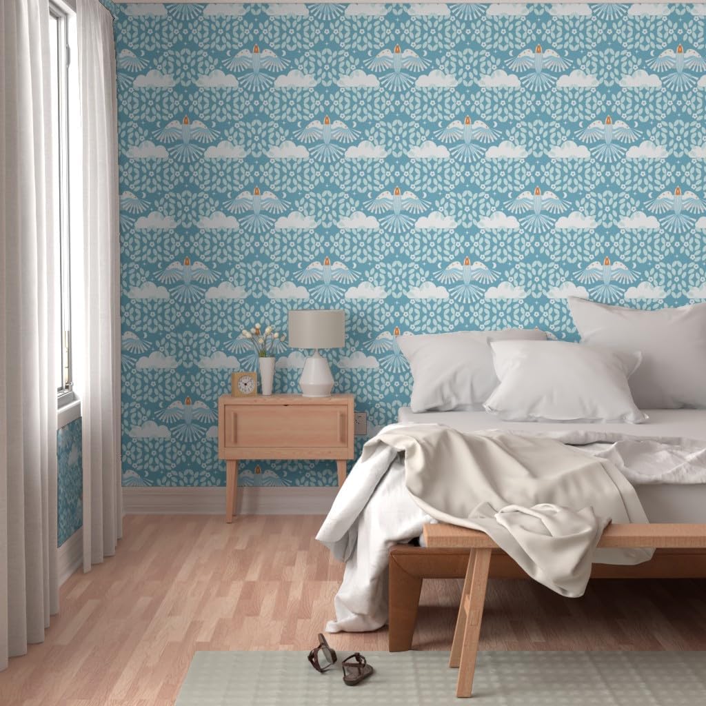 Spoonflower Commercial Grade Wallpaper Swatch – Blue Sky Folk Art Orange Aqua Maximalist Magic Lucid Dreaming Scandi Scandinavian Mystical Large
