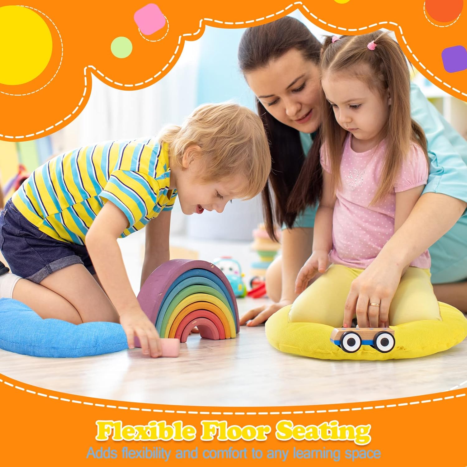 Cojines redondos de piso de 15 pulgadas para niños y niños pequeños, asiento flexible para muebles de aula, almohada de piso de 3.5 pulgadas de